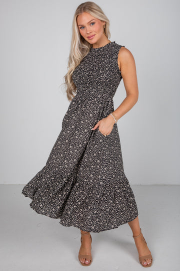 Marvelous Time Black Smocked Floral Midi Dress
