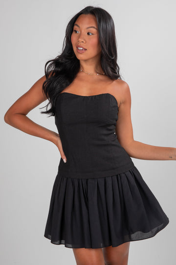 Just For You Black Strapless Drop Waist Mini Dress