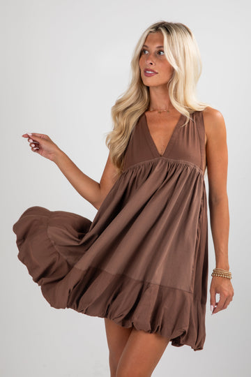 FINAL SALE - To Be Loved Brown Bubble Hem Mini Dress