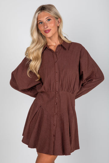 Everything In Place Brown Pinstripe Mini Dress