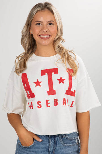 White ATL Baseball Star Cropped Tee