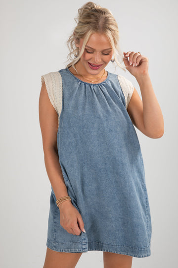 FINAL SALE - Never A Dull Moment Indigo Denim Lace Mini Dress