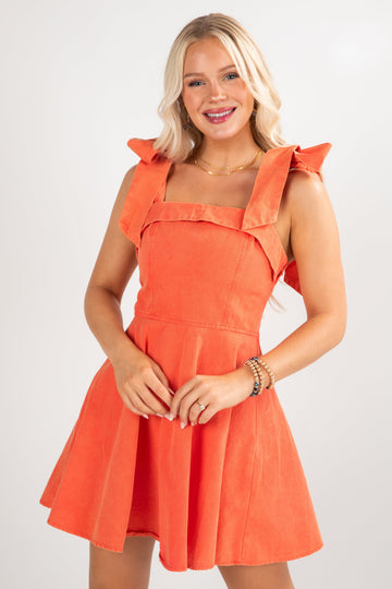 Cheering For You Orange Denim Mini Dress