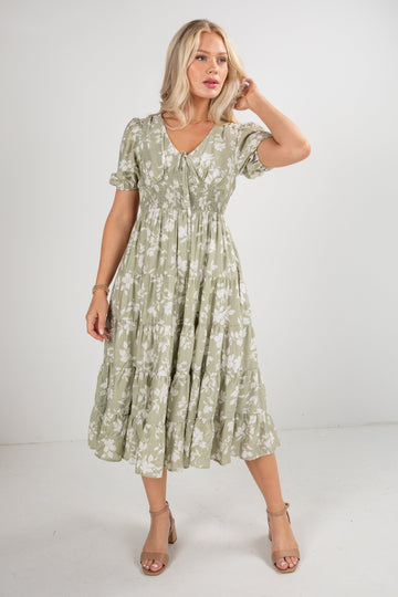FINAL SALE - Second Nature Sage Floral Tiered Midi Dress