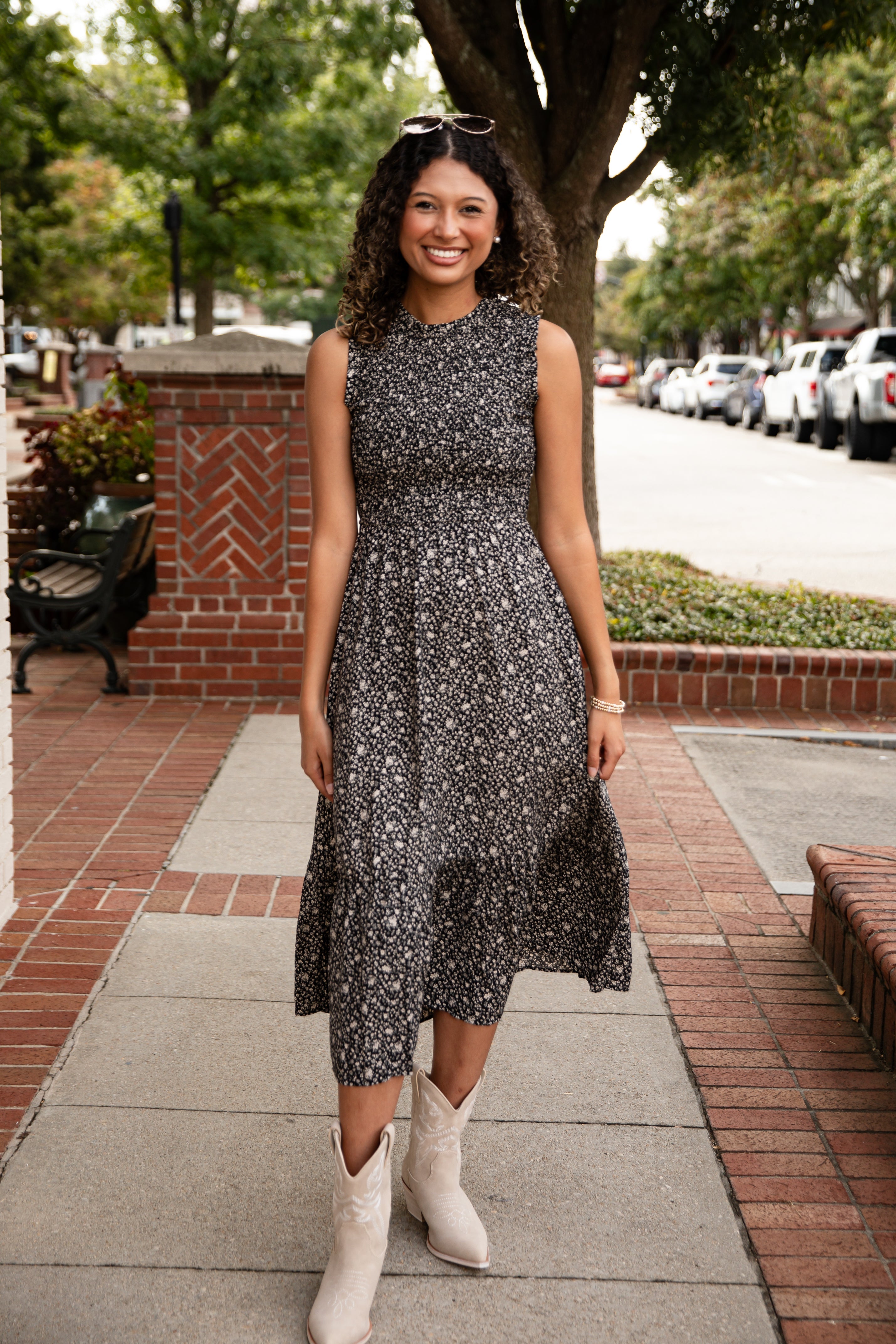 Marvelous Time Black Smocked Floral Midi Dress