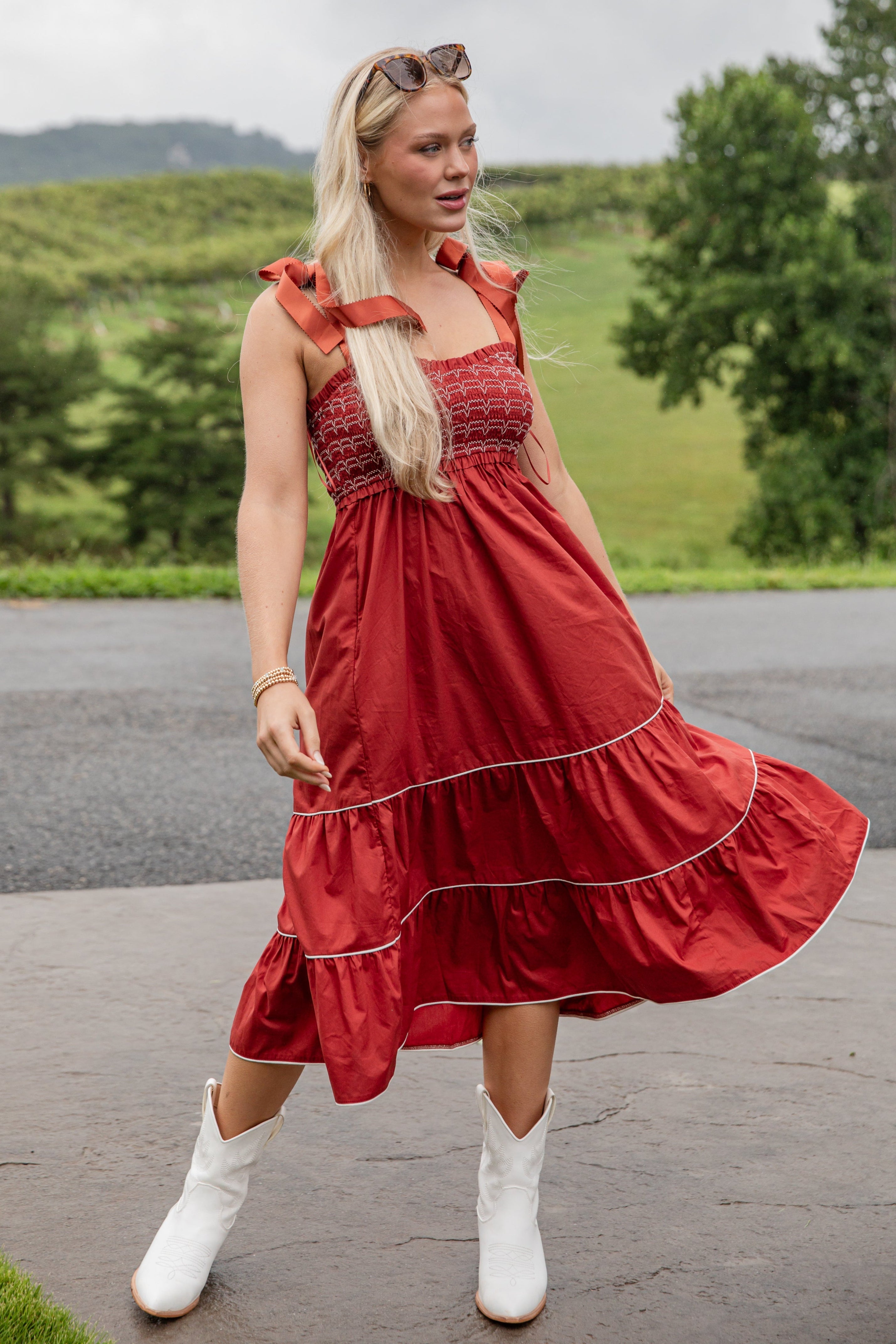 FINAL SALE - Looks Like You Love Me Brick Smocked Midi Dress
