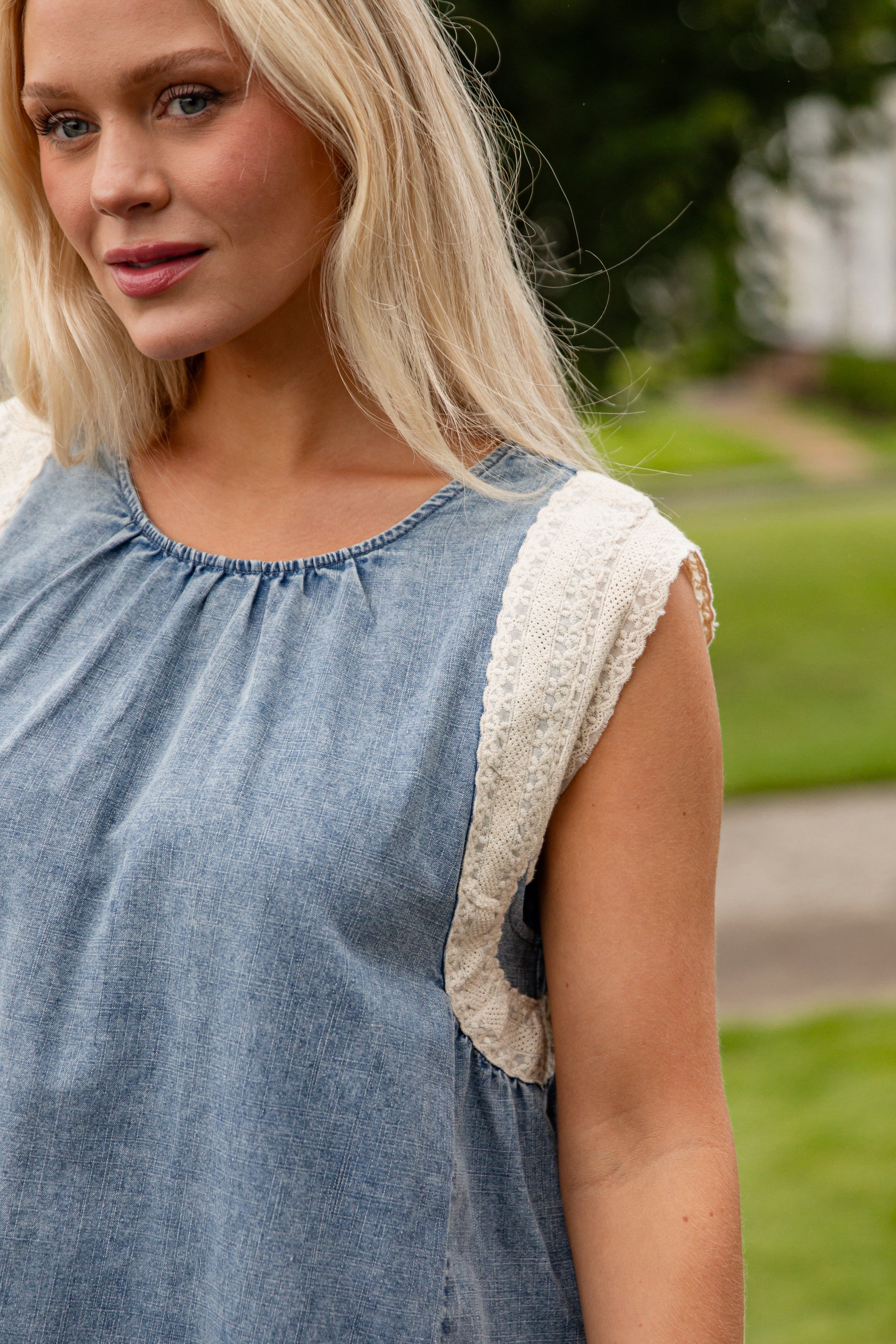 FINAL SALE - Never A Dull Moment Indigo Denim Lace Mini Dress