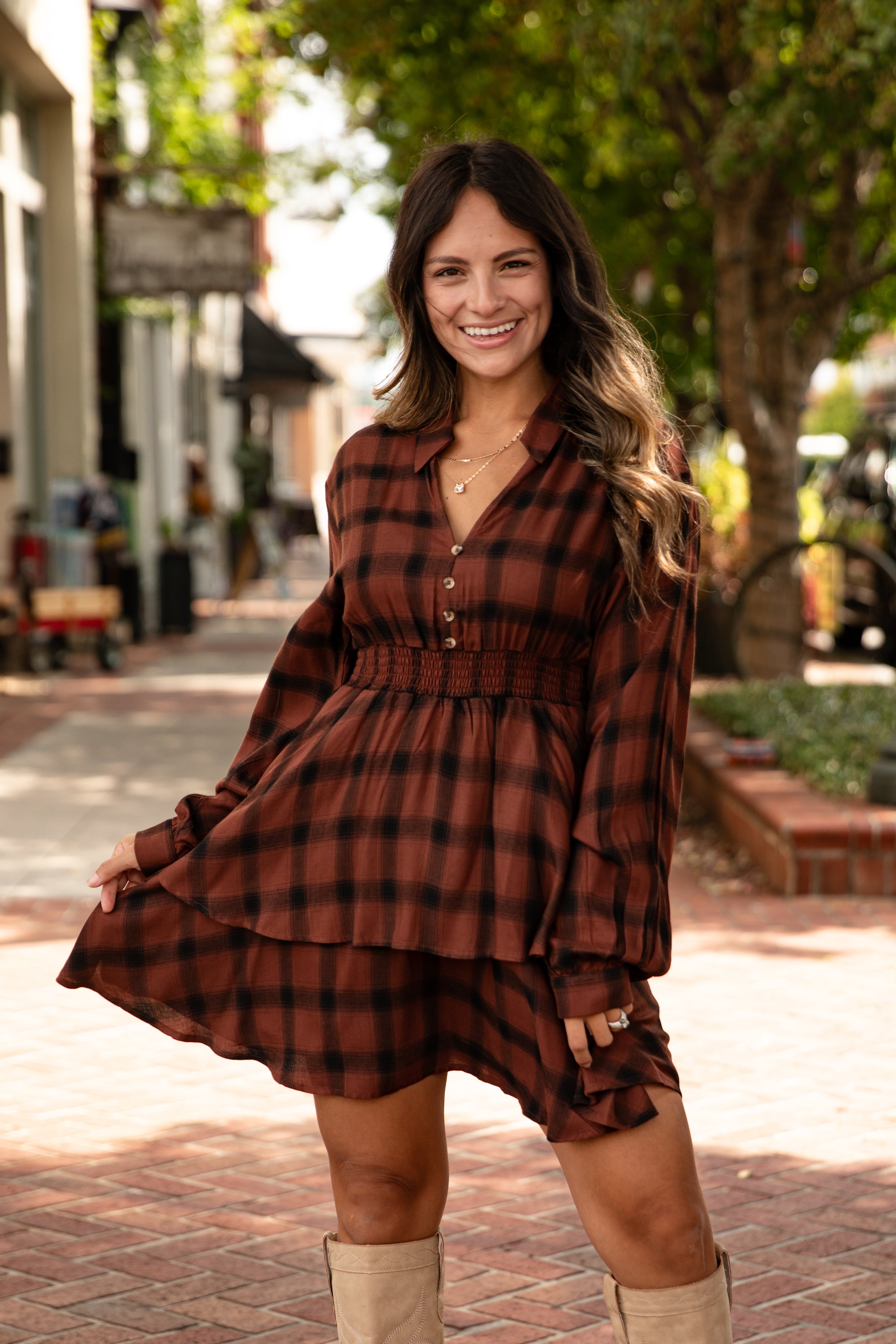 Why Wait Rust Plaid Mini Dress