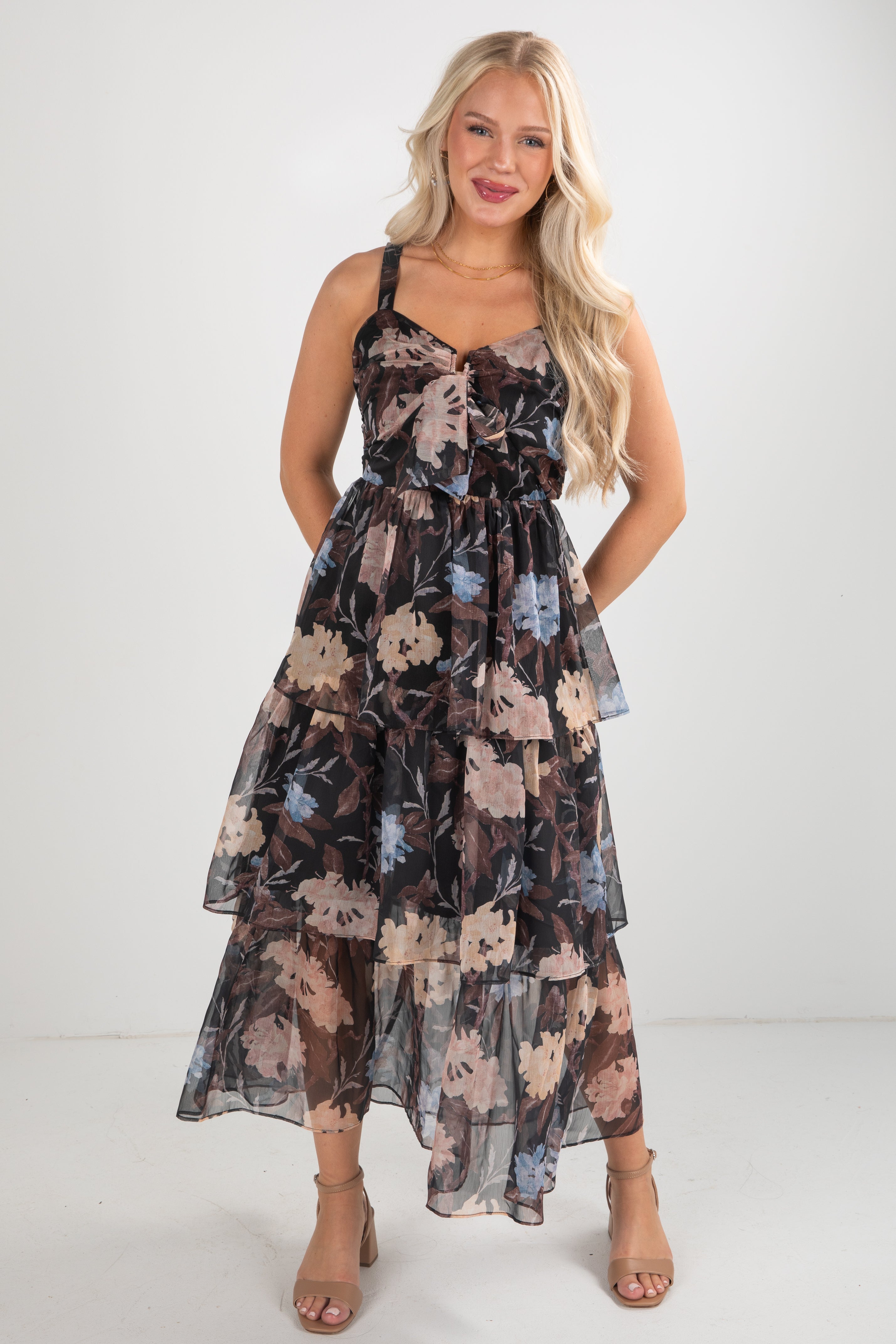 FINAL SALE - Hear Your Call Black Floral Tiered Maxi Dress
