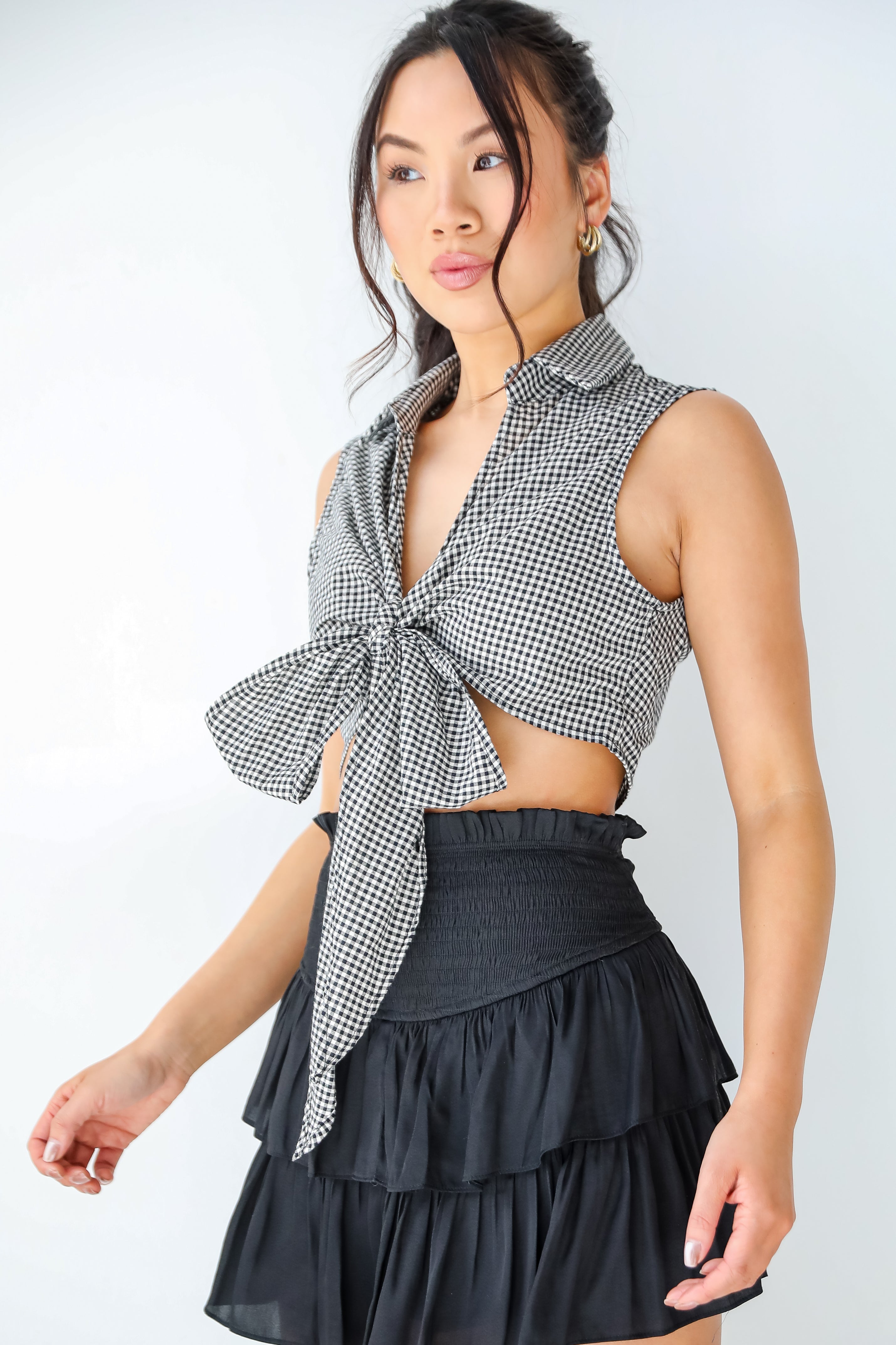 FINAL SALE - Irresistibly Darling Black Gingham Tie-Front Crop Top - DU DEAL