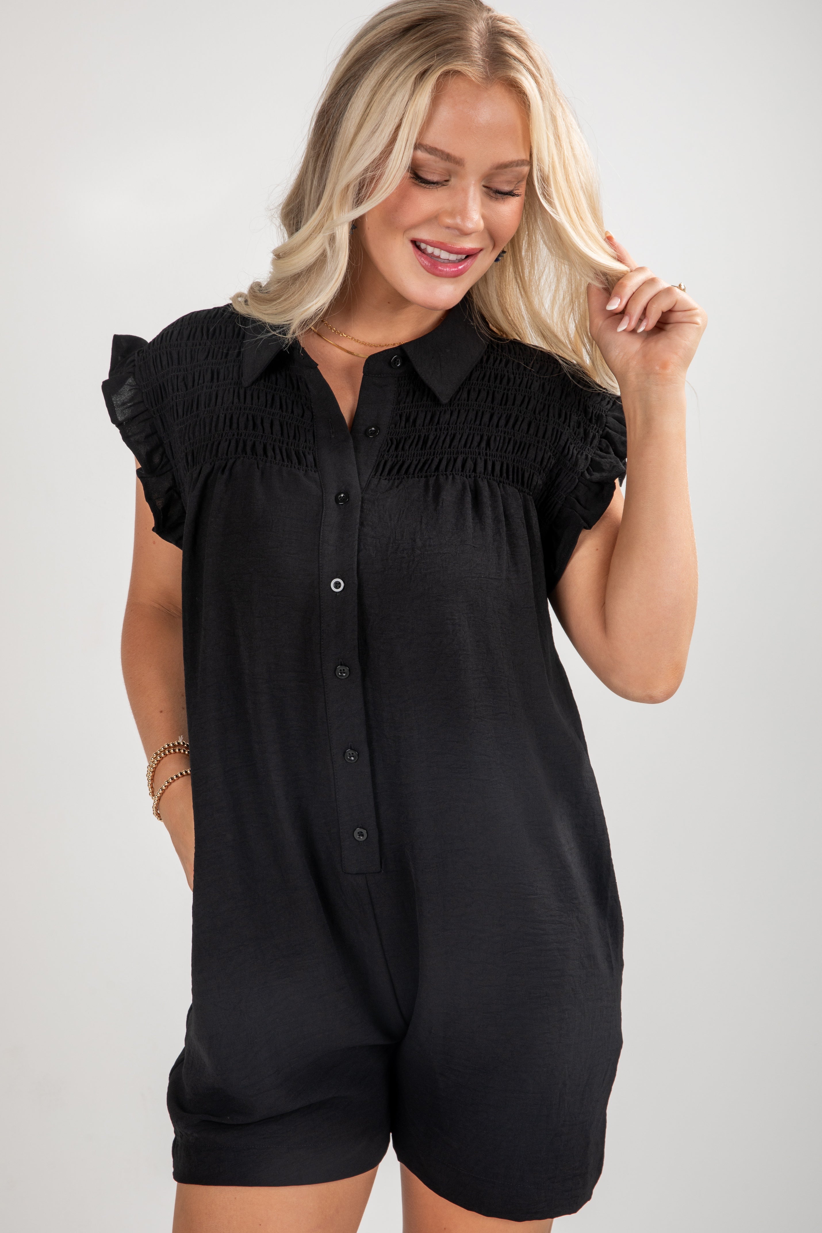 FINAL SALE - Under The Stars Black Ruffle Romper