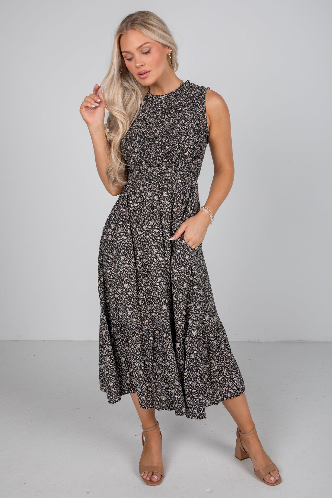 Marvelous Time Black Smocked Floral Midi Dress