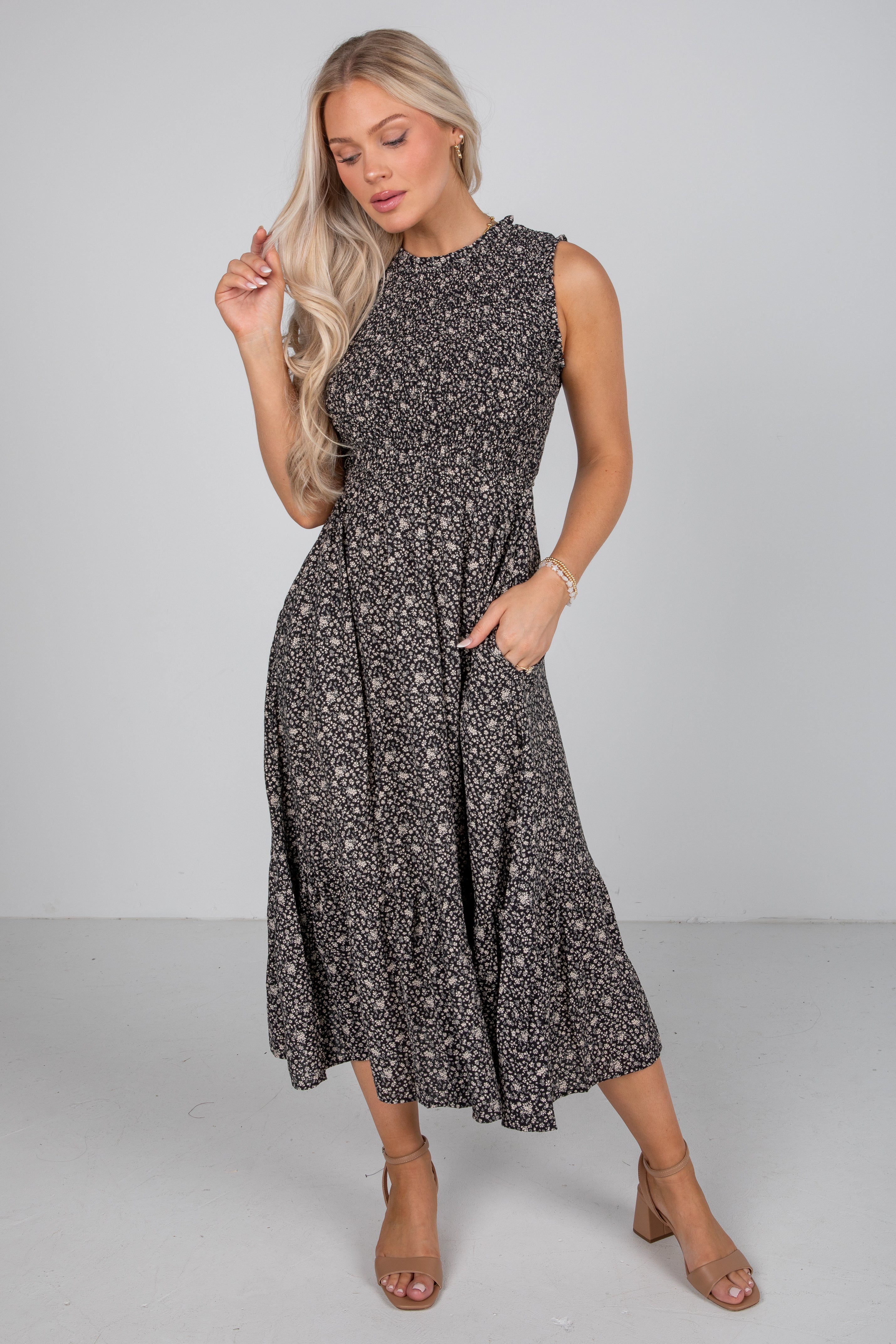 Marvelous Time Black Smocked Floral Midi Dress