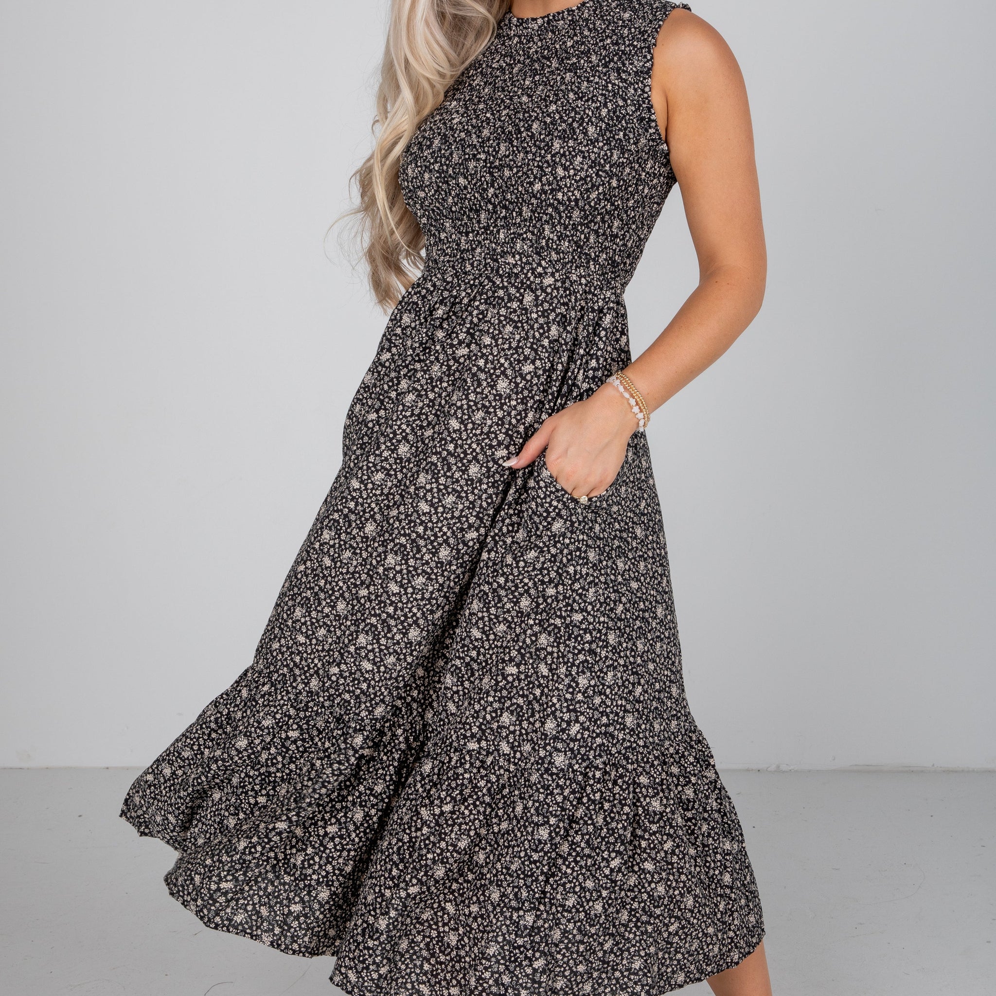 Marvelous Time Black Smocked Floral Midi Dress