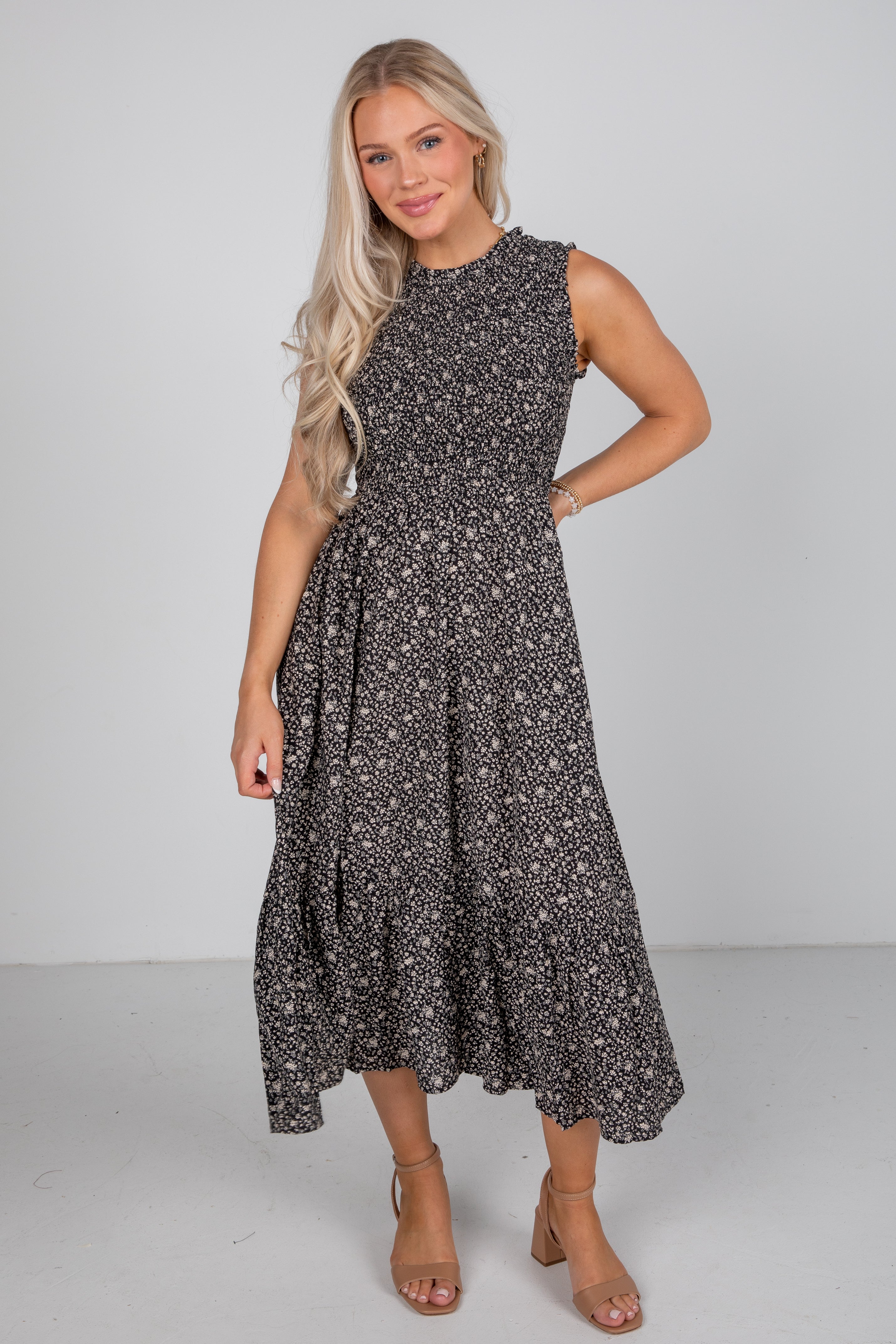 Marvelous Time Black Smocked Floral Midi Dress