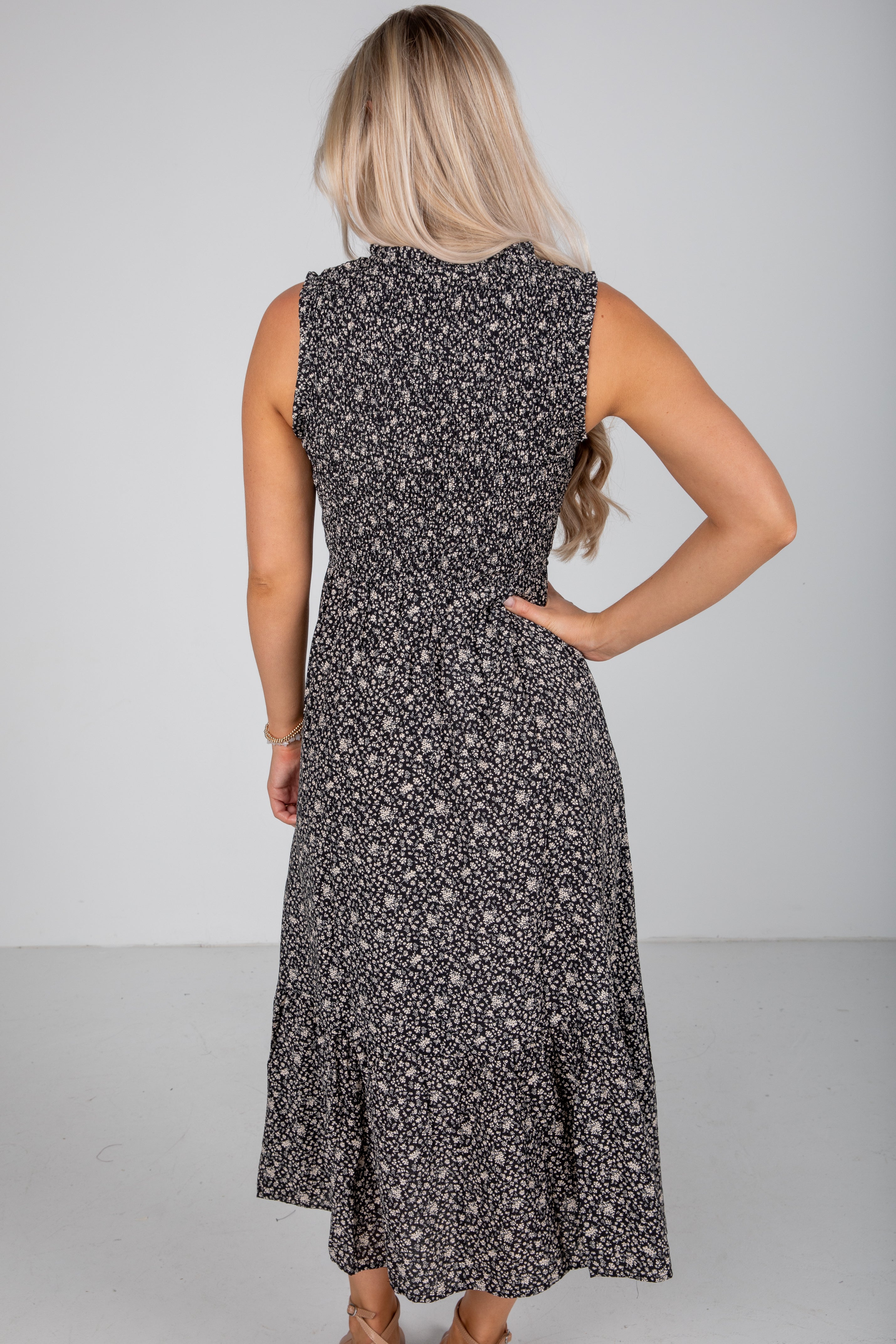Marvelous Time Black Smocked Floral Midi Dress