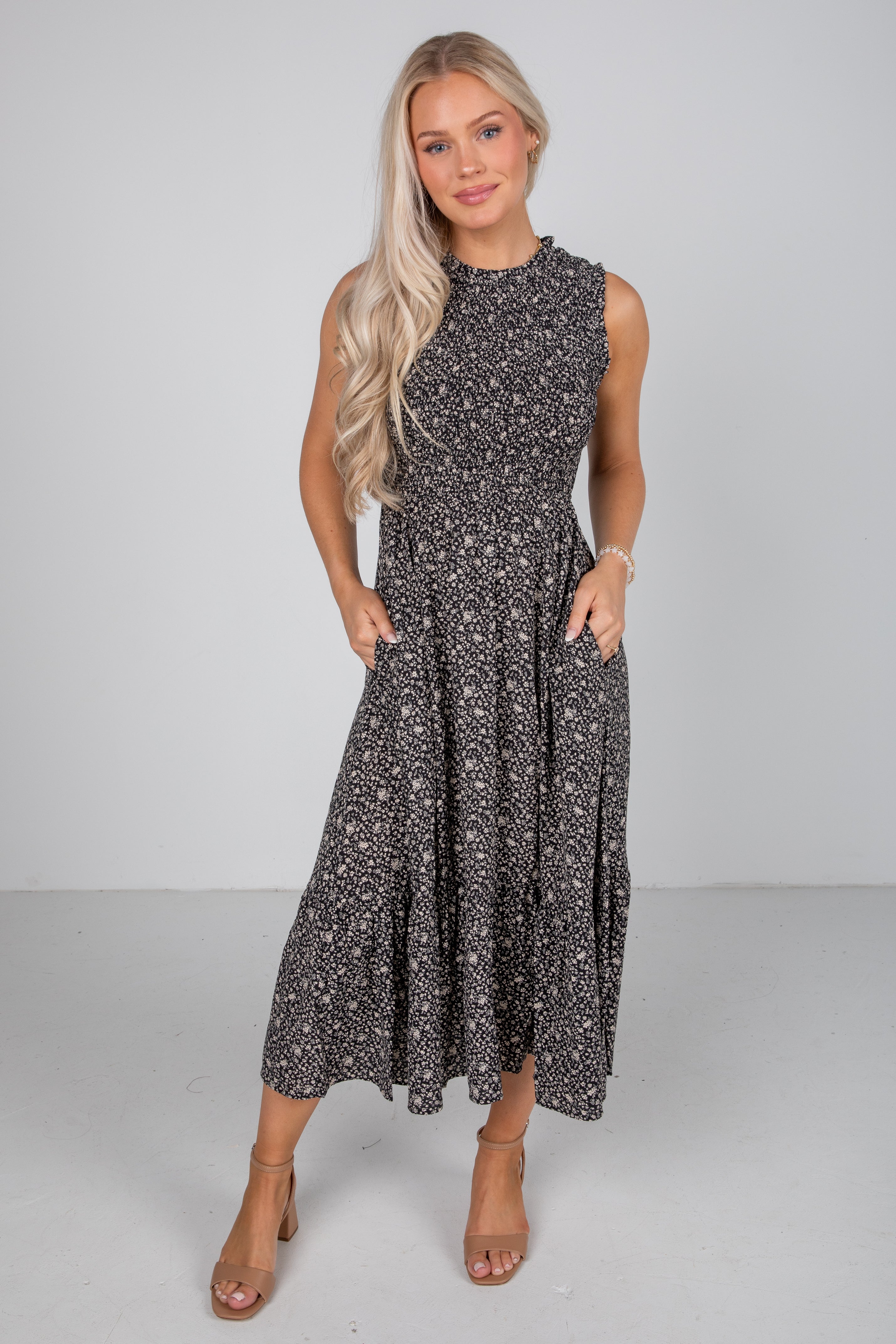Marvelous Time Black Smocked Floral Midi Dress
