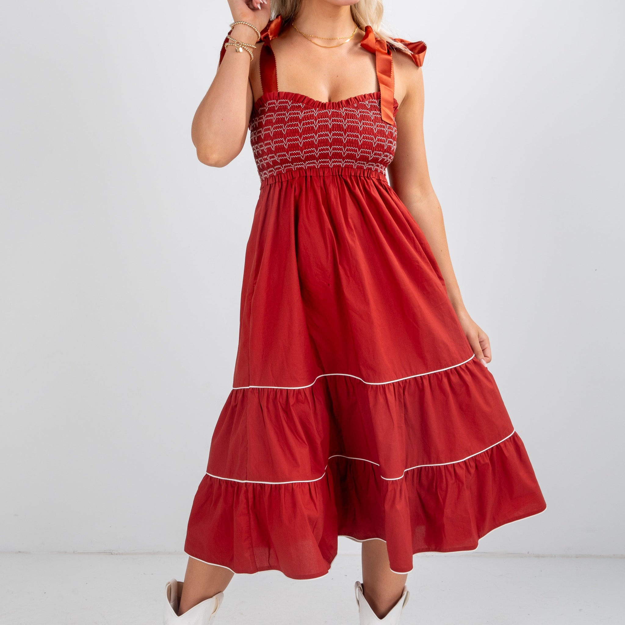 FINAL SALE - Looks Like You Love Me Brick Smocked Midi Dress