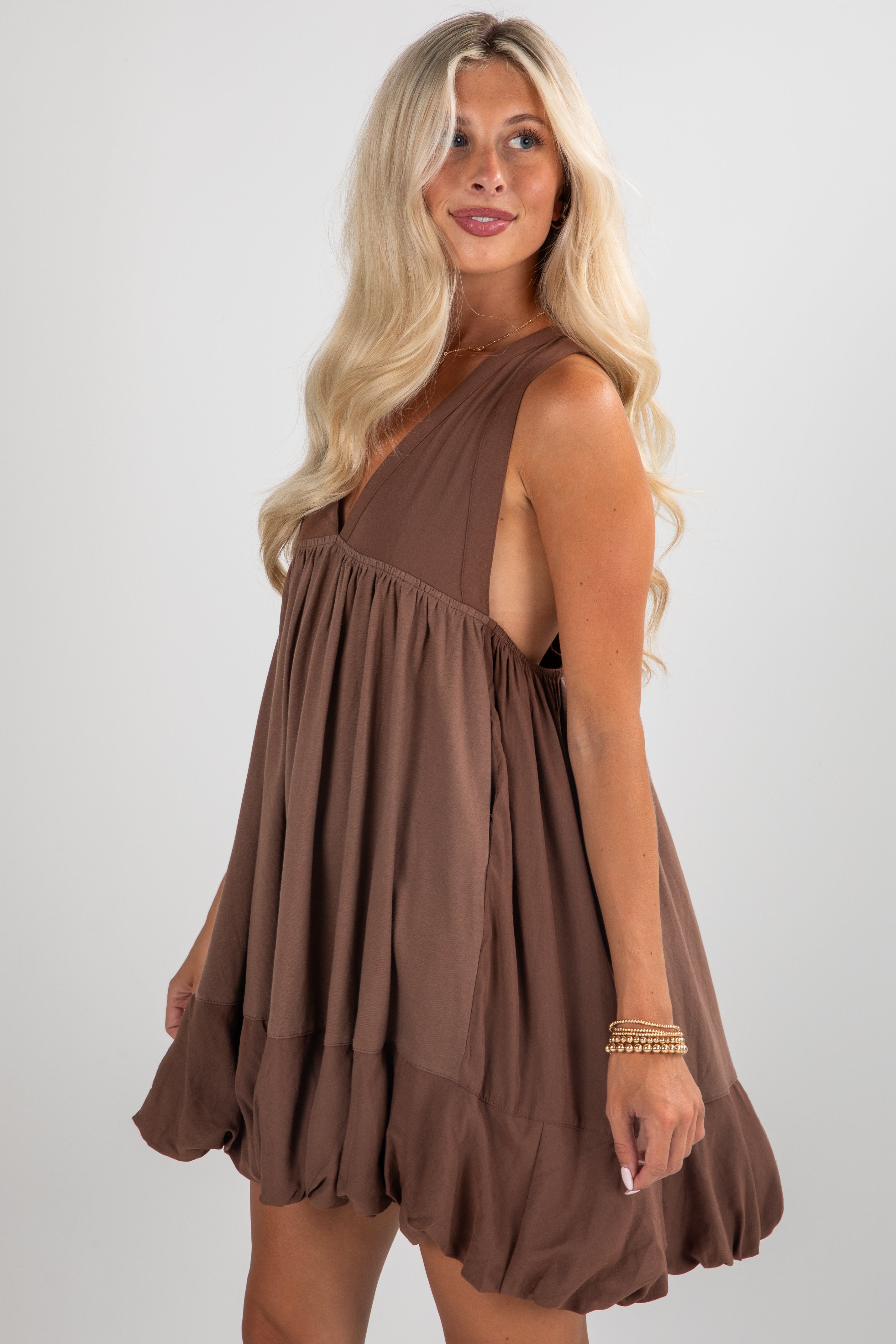 FINAL SALE - To Be Loved Brown Bubble Hem Mini Dress