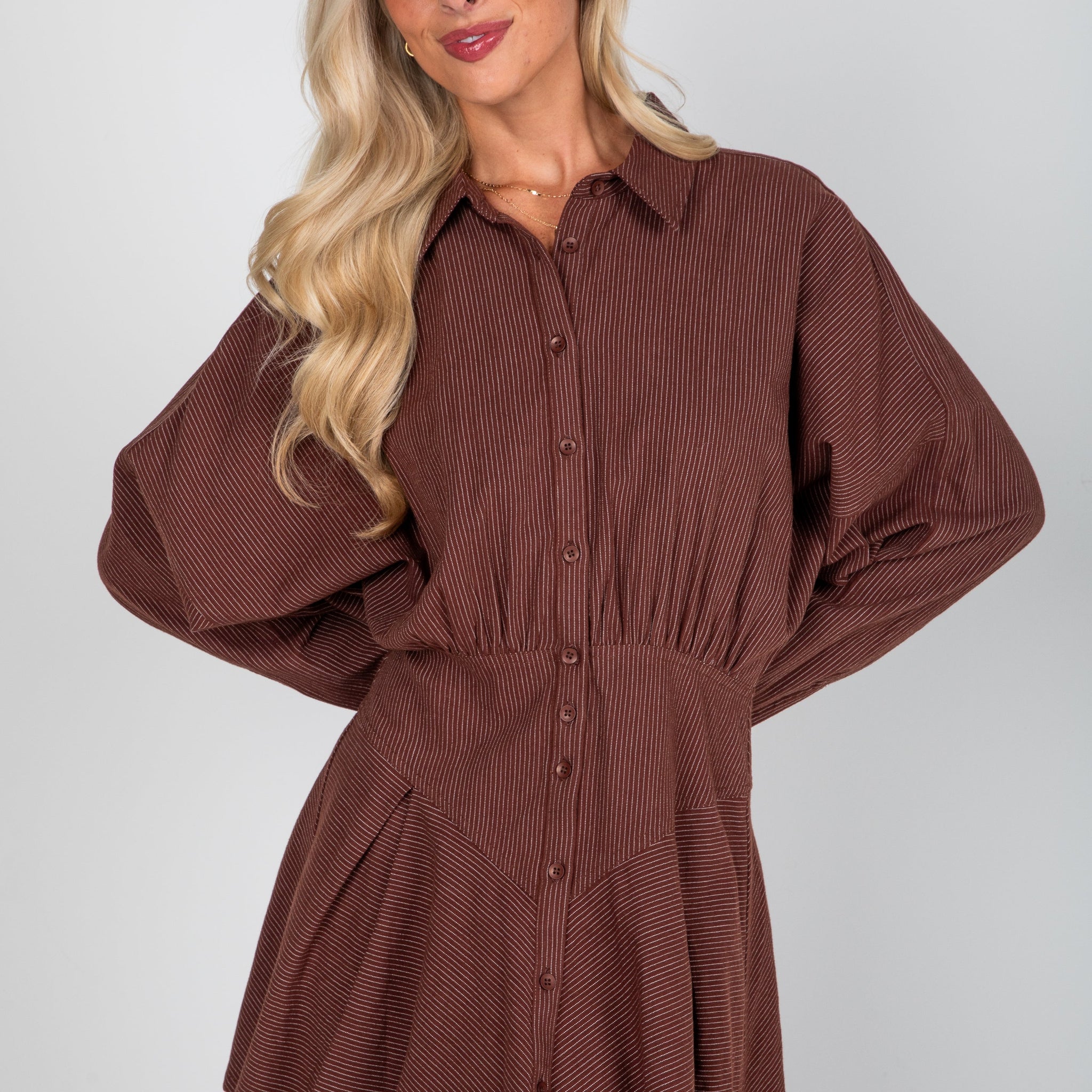Everything In Place Brown Pinstripe Mini Dress