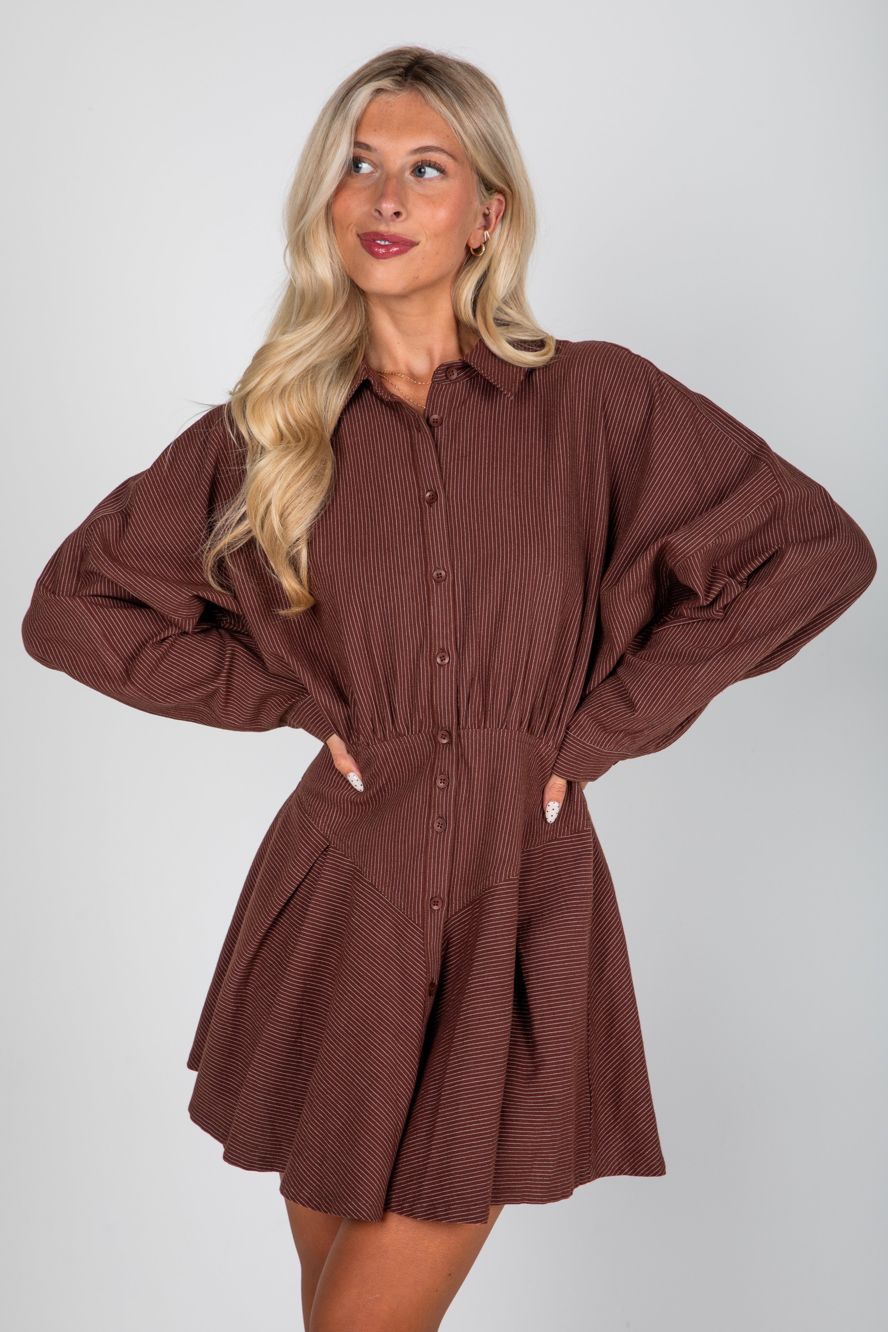 Everything In Place Brown Pinstripe Mini Dress