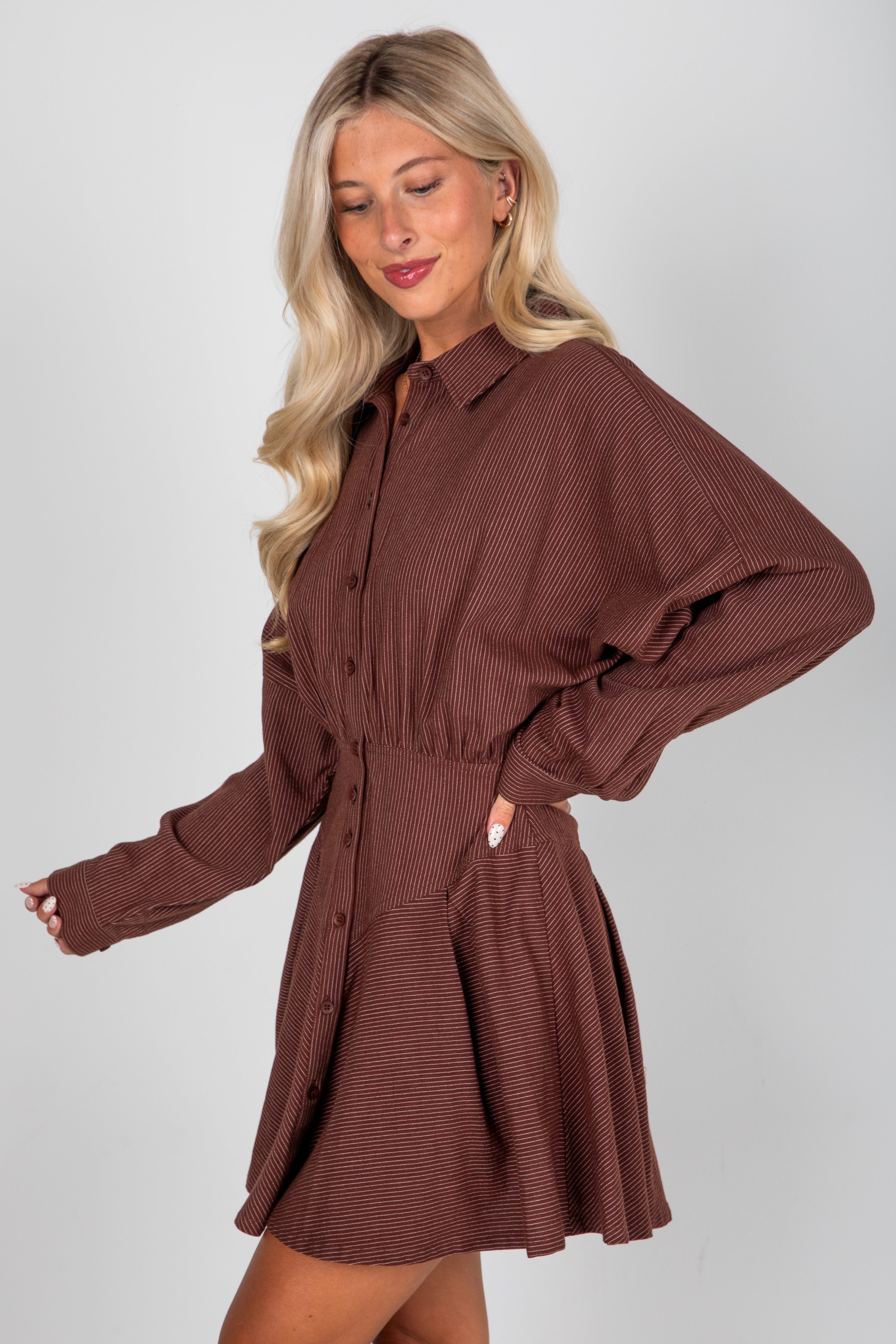 Everything In Place Brown Pinstripe Mini Dress