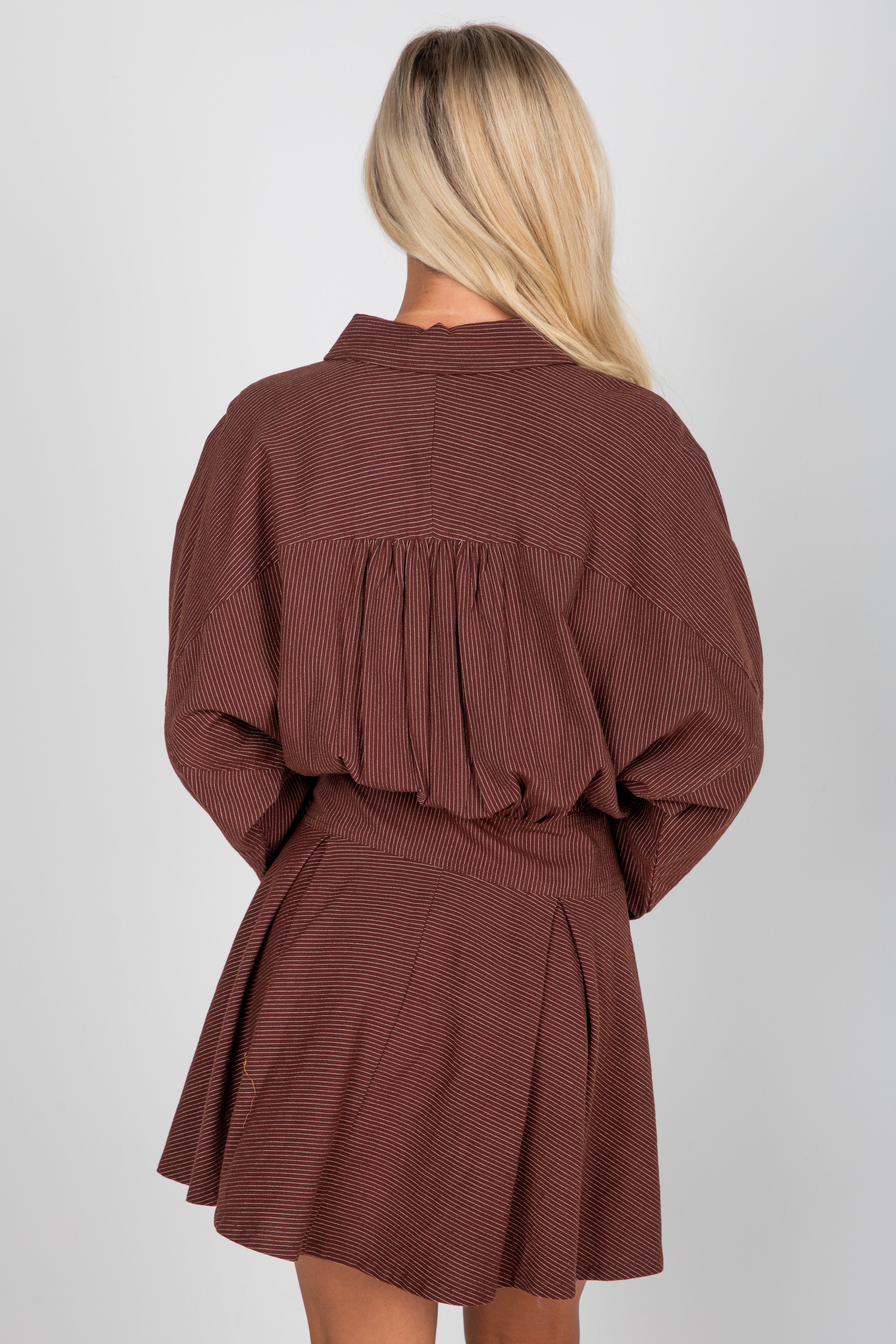Everything In Place Brown Pinstripe Mini Dress