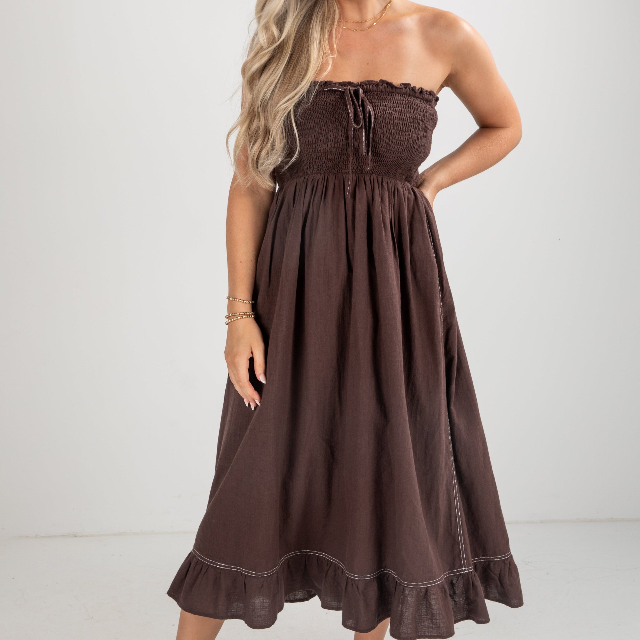 FINAL SALE - This Is It Brown Smocked Strapless Midi Dress