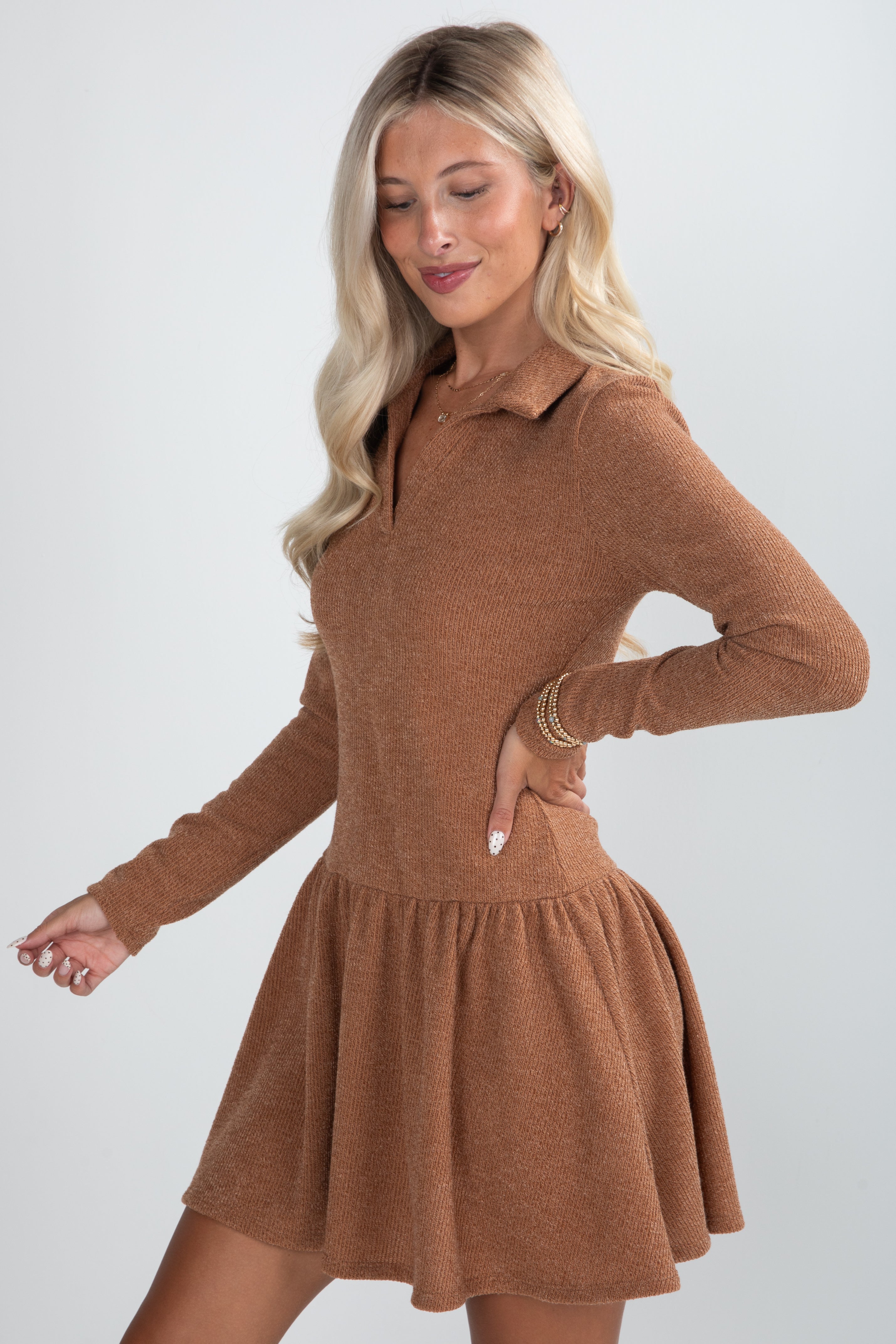 Follow Me To Forever Camel Knit Mini Dress