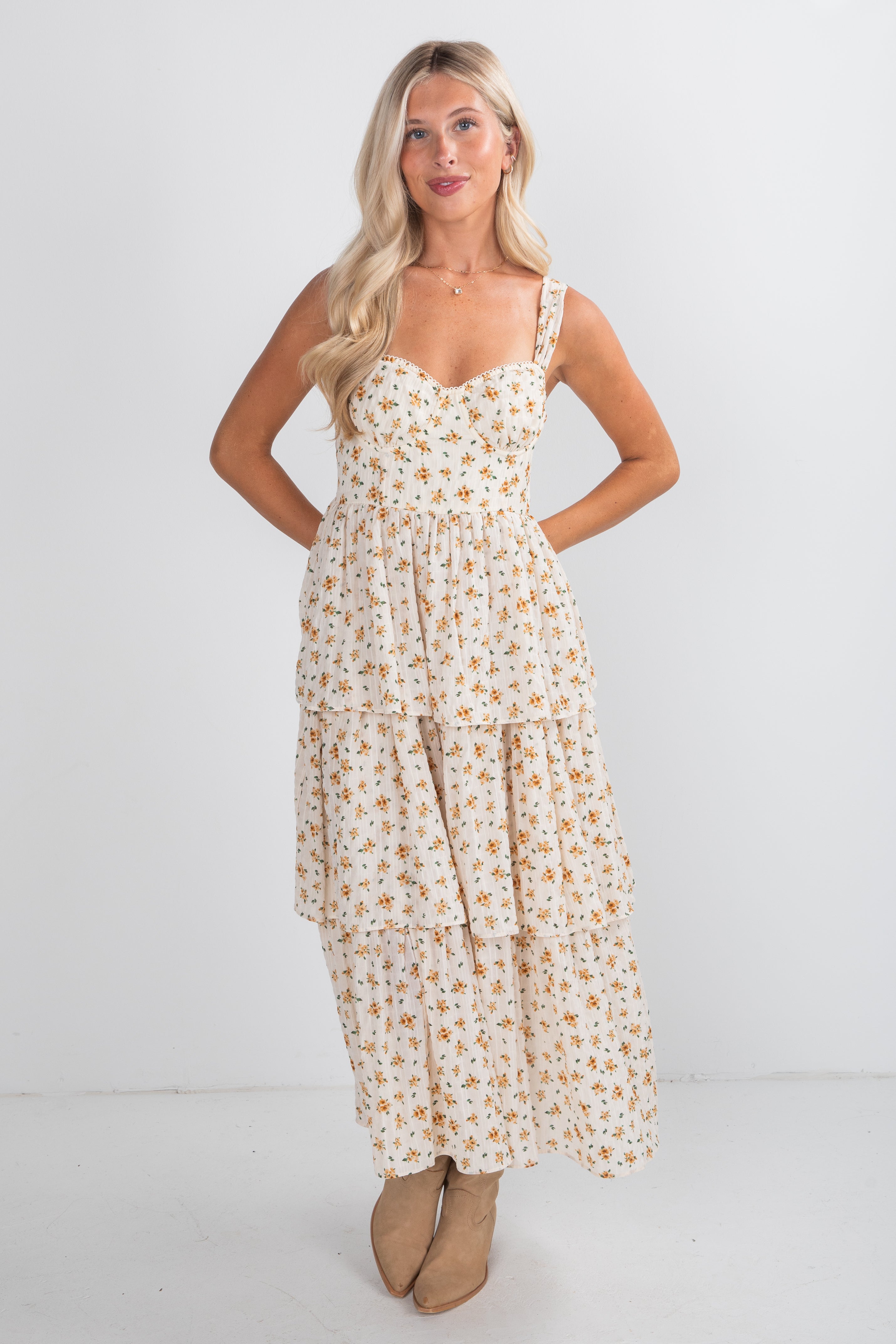 Precious Moments Cream Floral Tiered Midi Dress