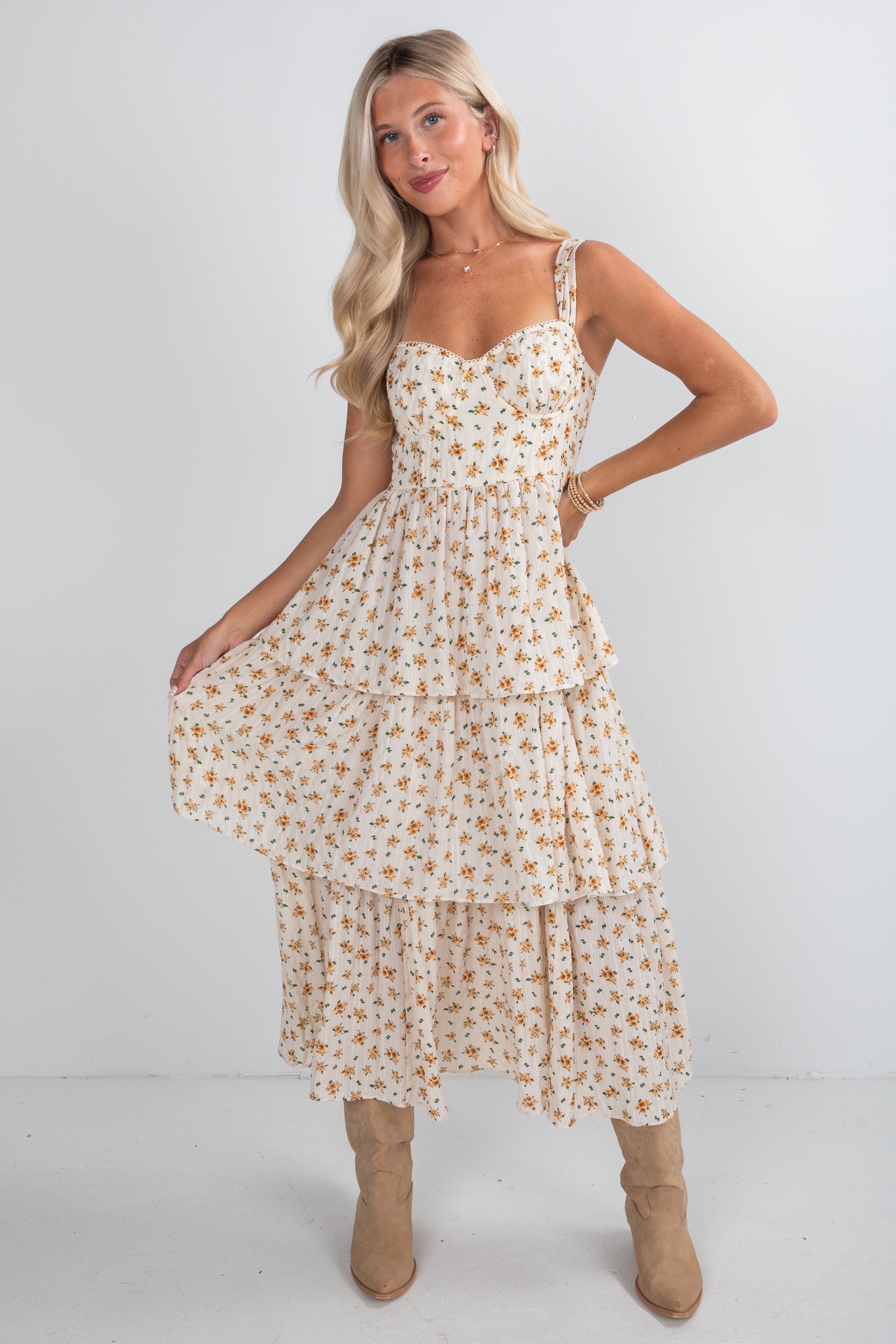 Precious Moments Cream Floral Tiered Midi Dress