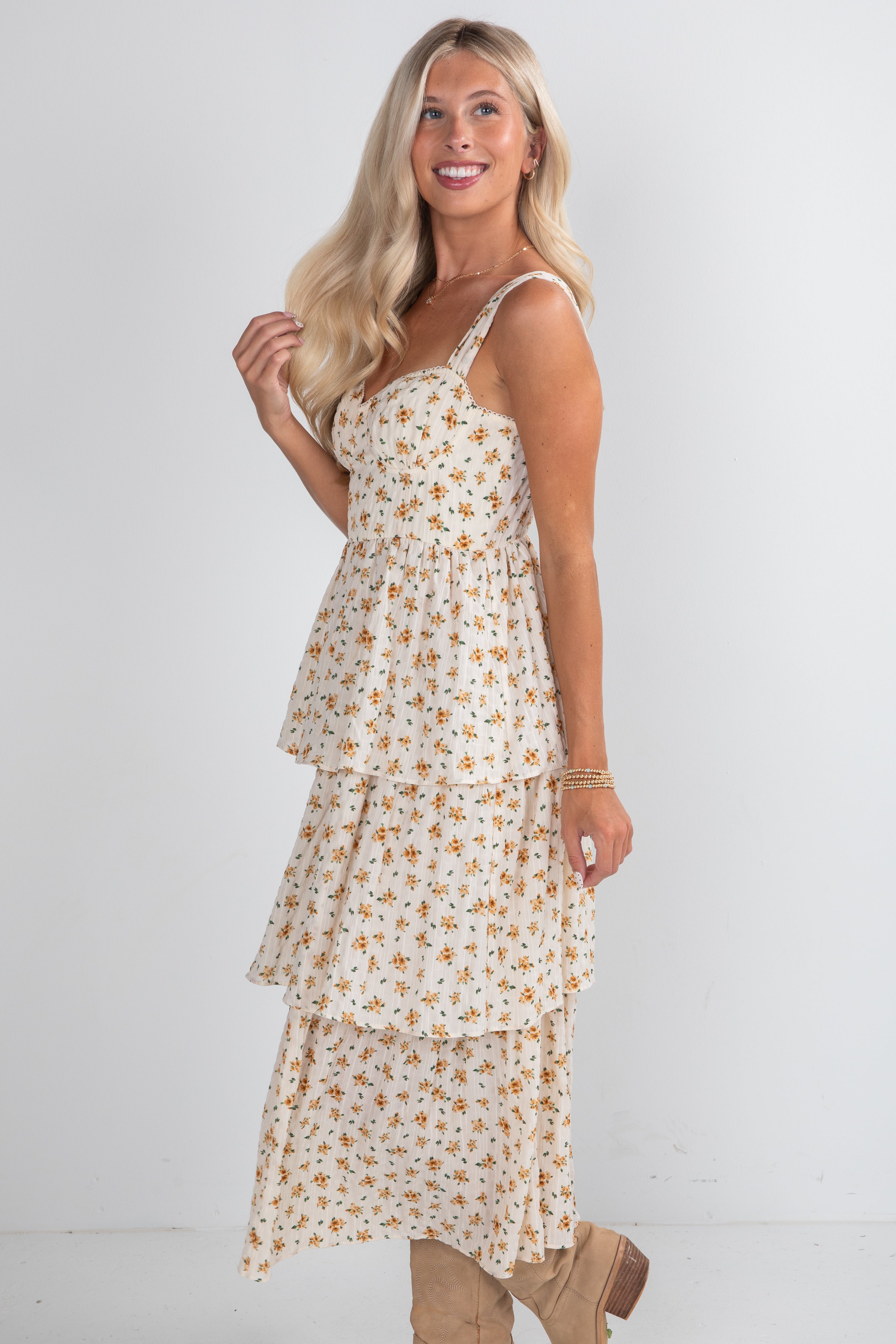 Precious Moments Cream Floral Tiered Midi Dress
