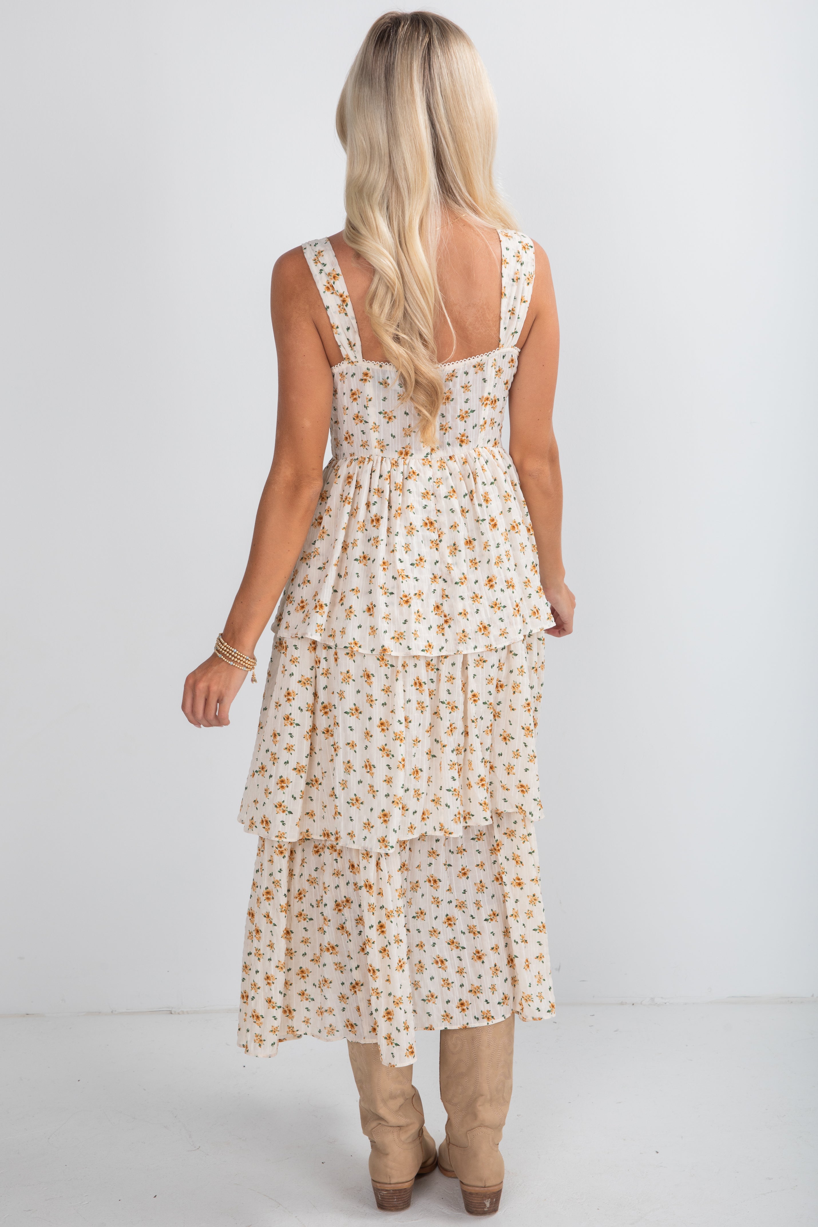 Precious Moments Cream Floral Tiered Midi Dress