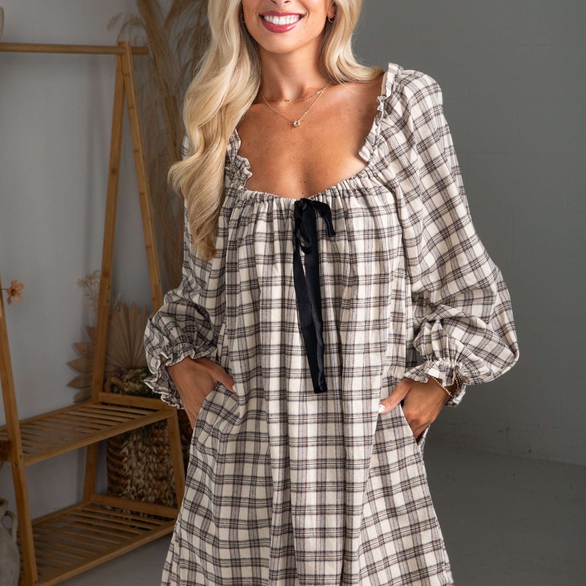 This Is It Cream Plaid Mini Dress