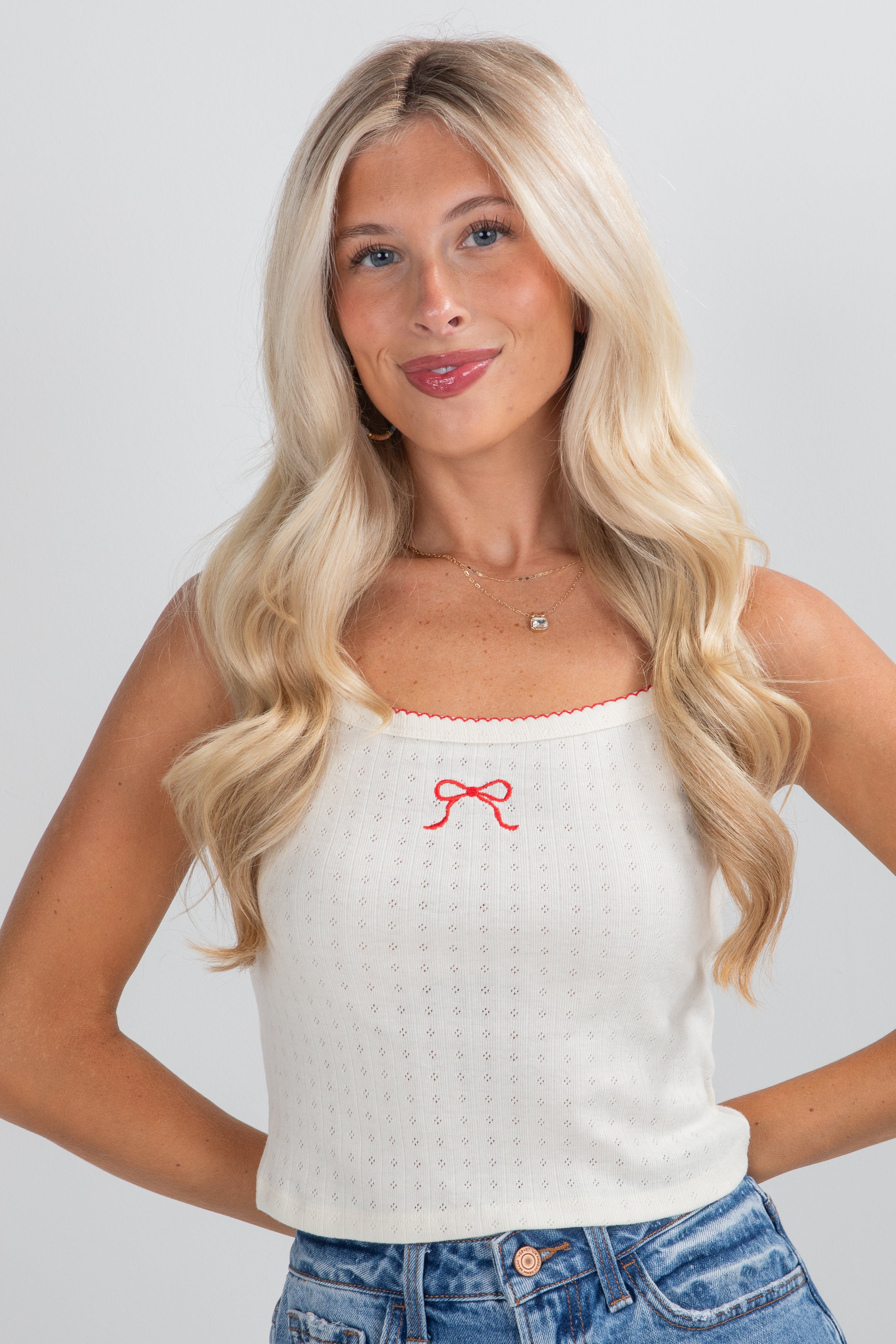 Keep It Cute Cream Pointelle Bow Tank