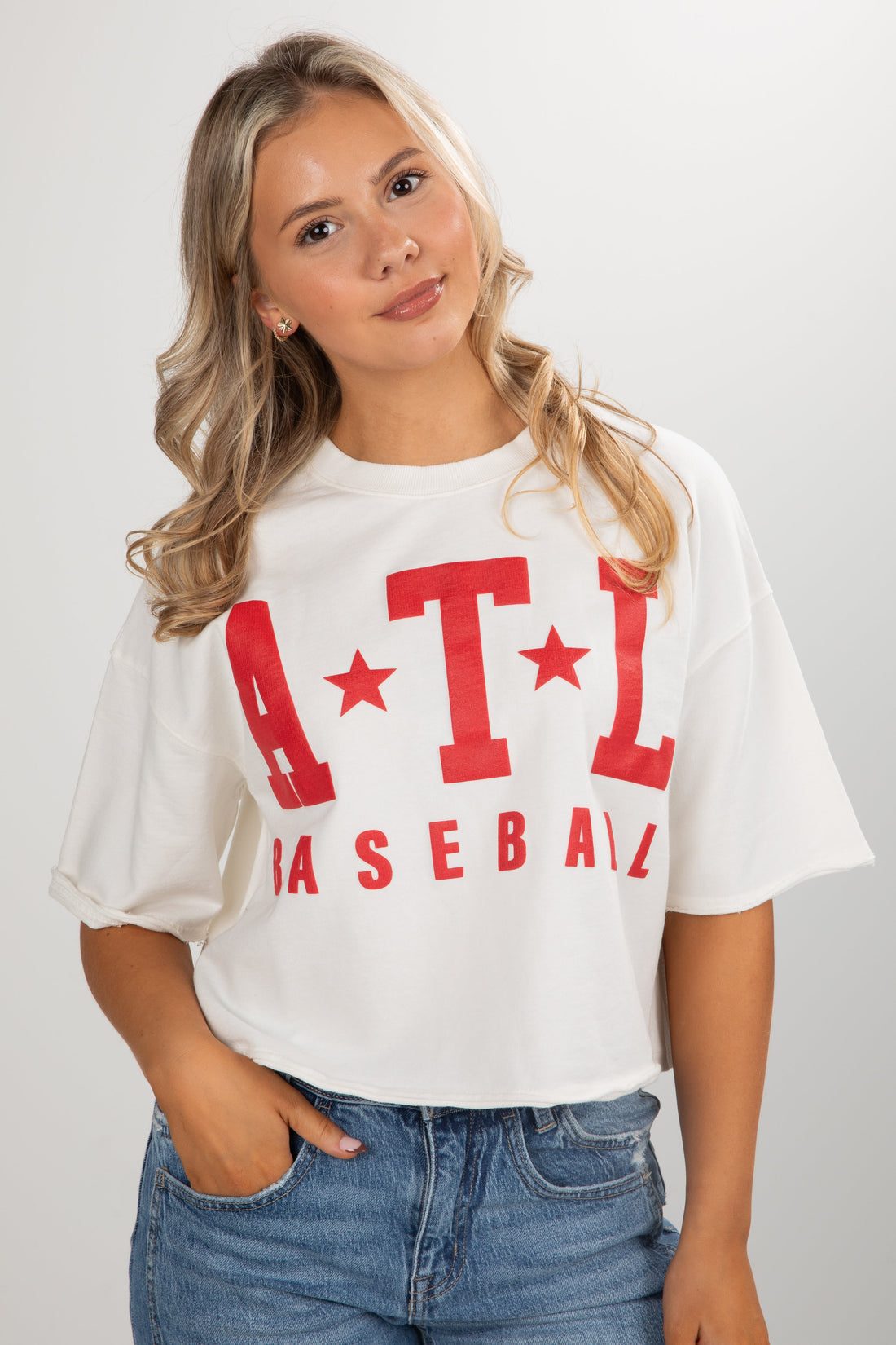 White ATL Baseball Star Cropped Tee