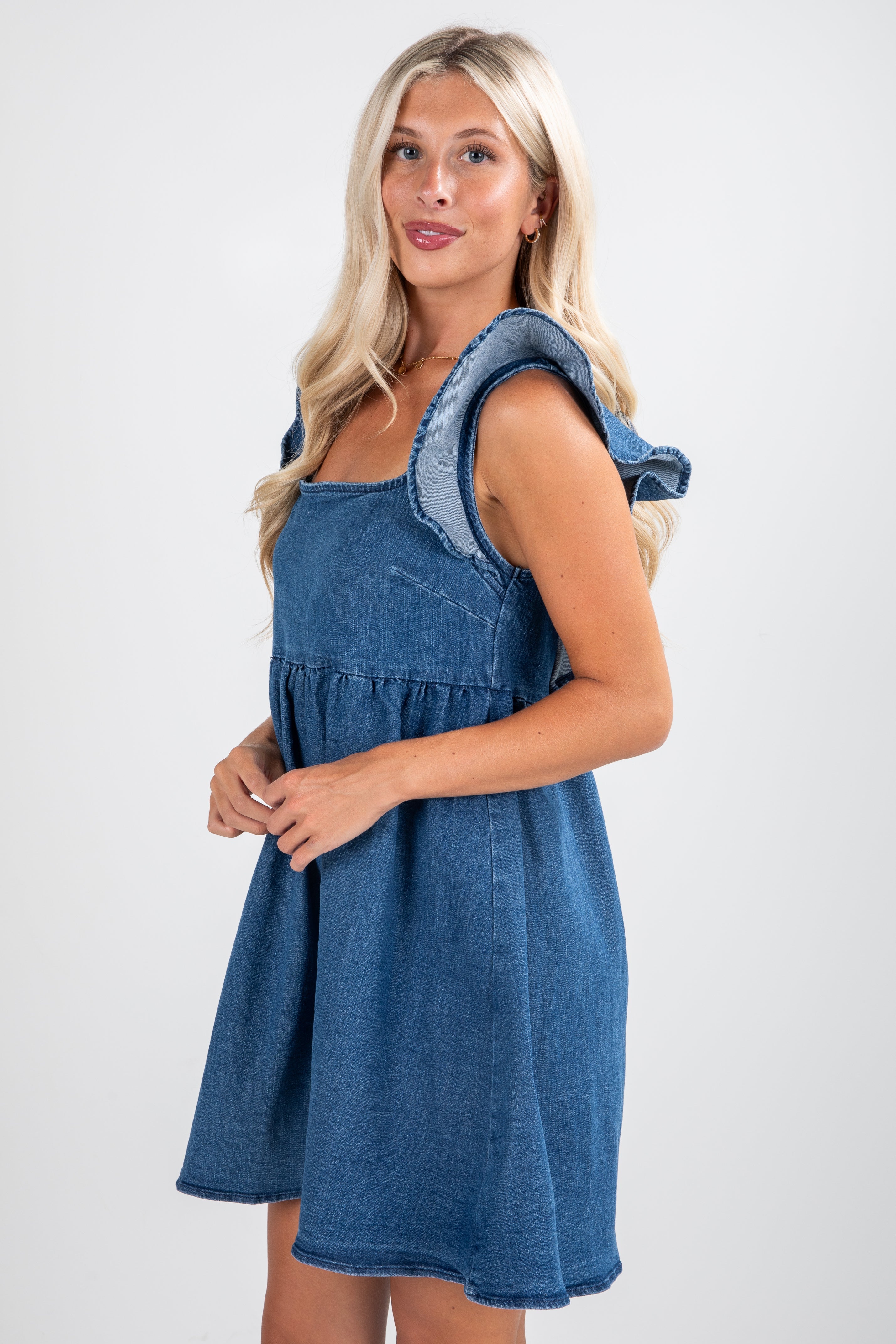 FINAL SALE - Something New Medium Wash Denim Babydoll Mini Dress