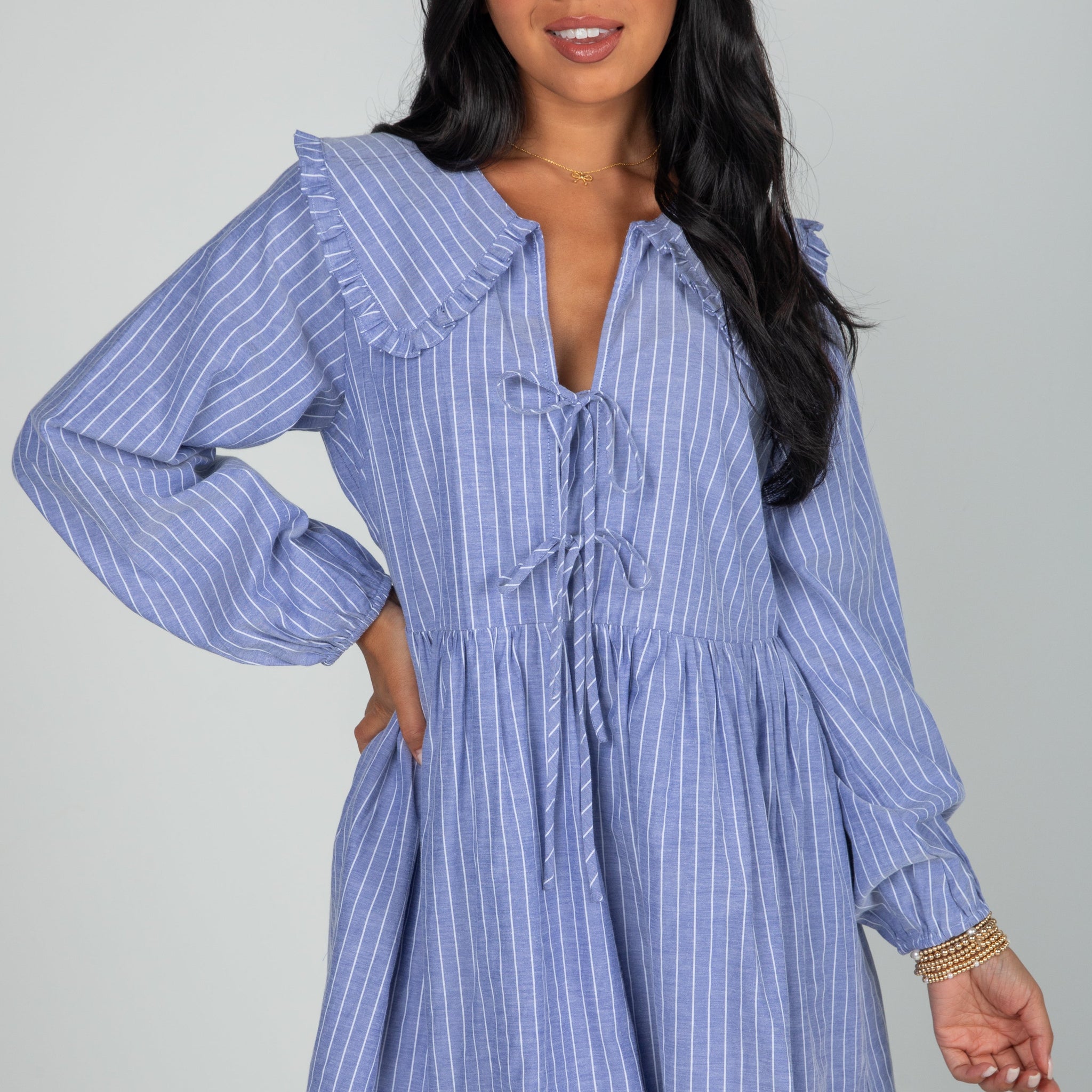 Romantic History Denim Striped Babydoll Mini Dress
