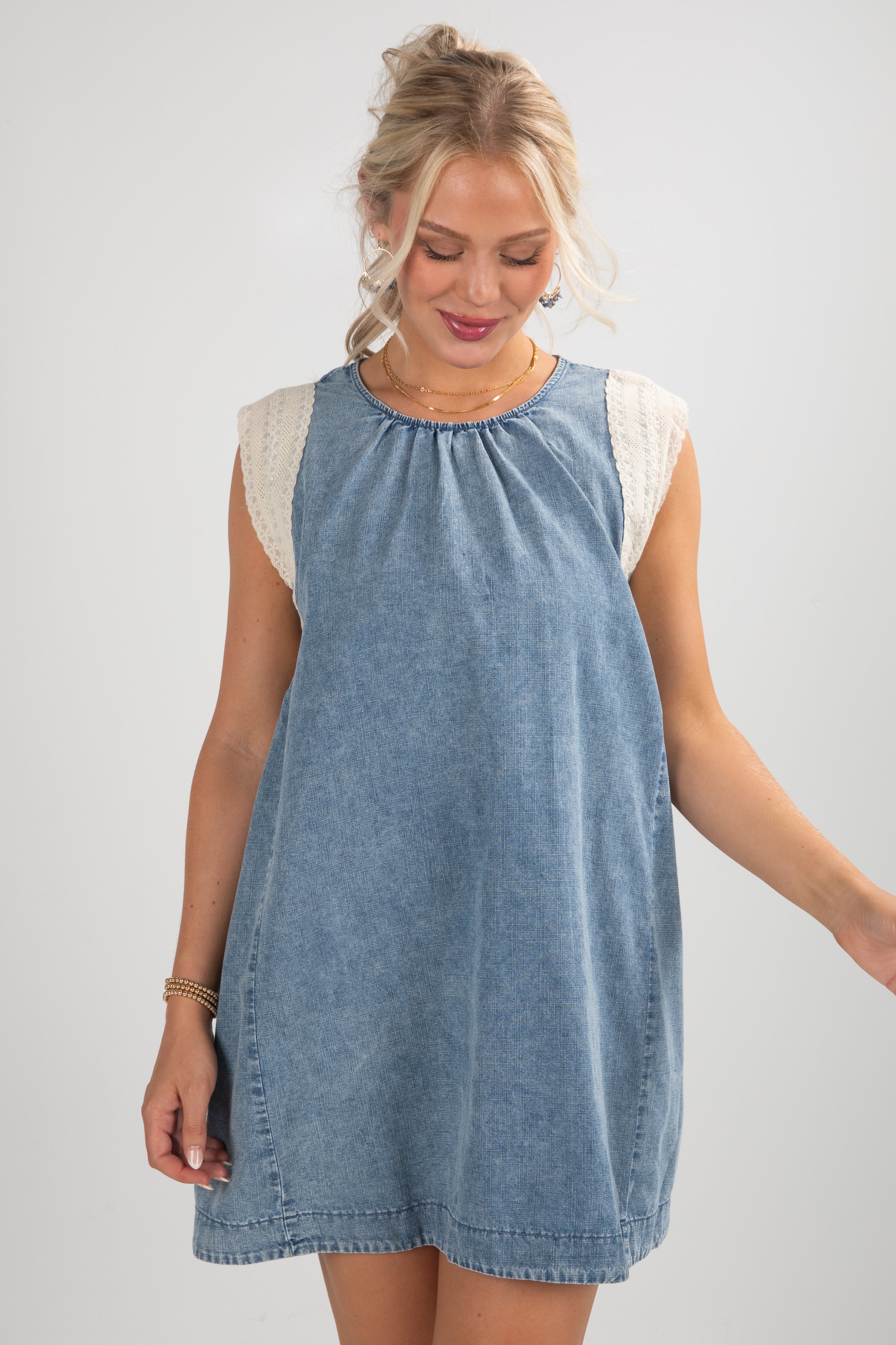 FINAL SALE - Never A Dull Moment Indigo Denim Lace Mini Dress