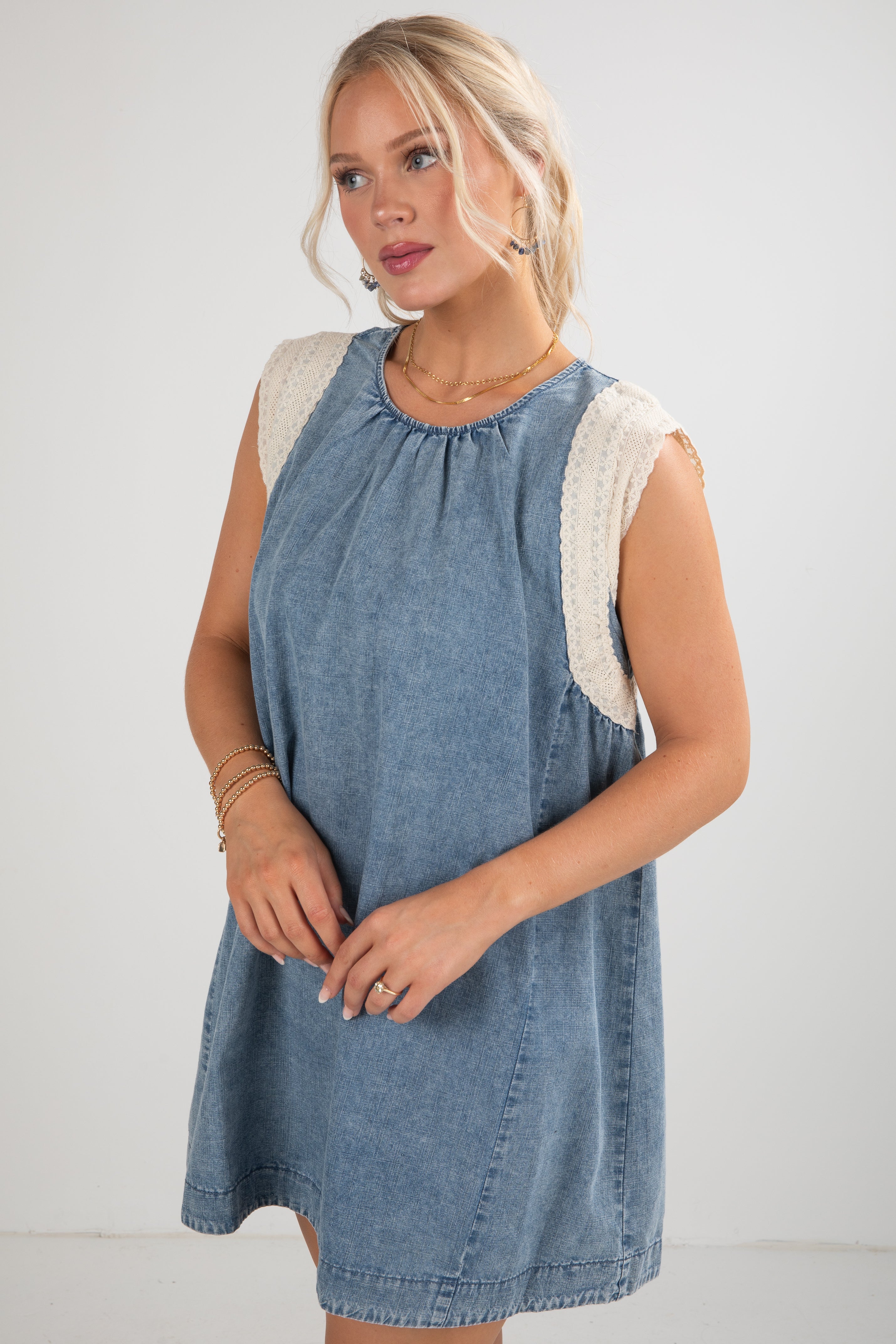 FINAL SALE - Never A Dull Moment Indigo Denim Lace Mini Dress