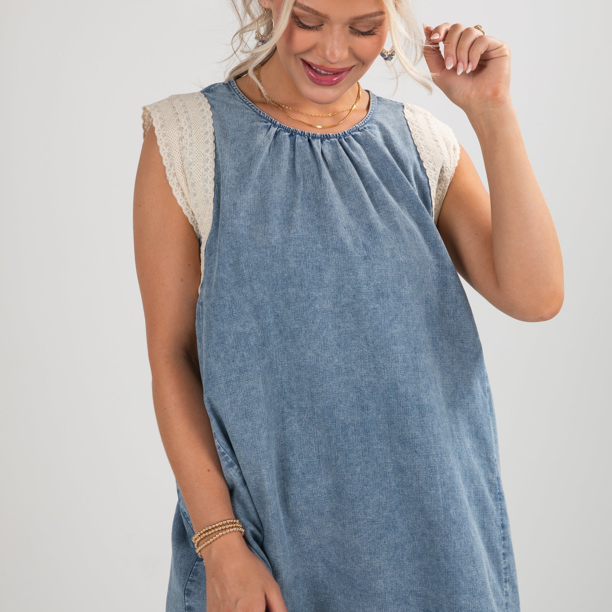 FINAL SALE - Never A Dull Moment Indigo Denim Lace Mini Dress