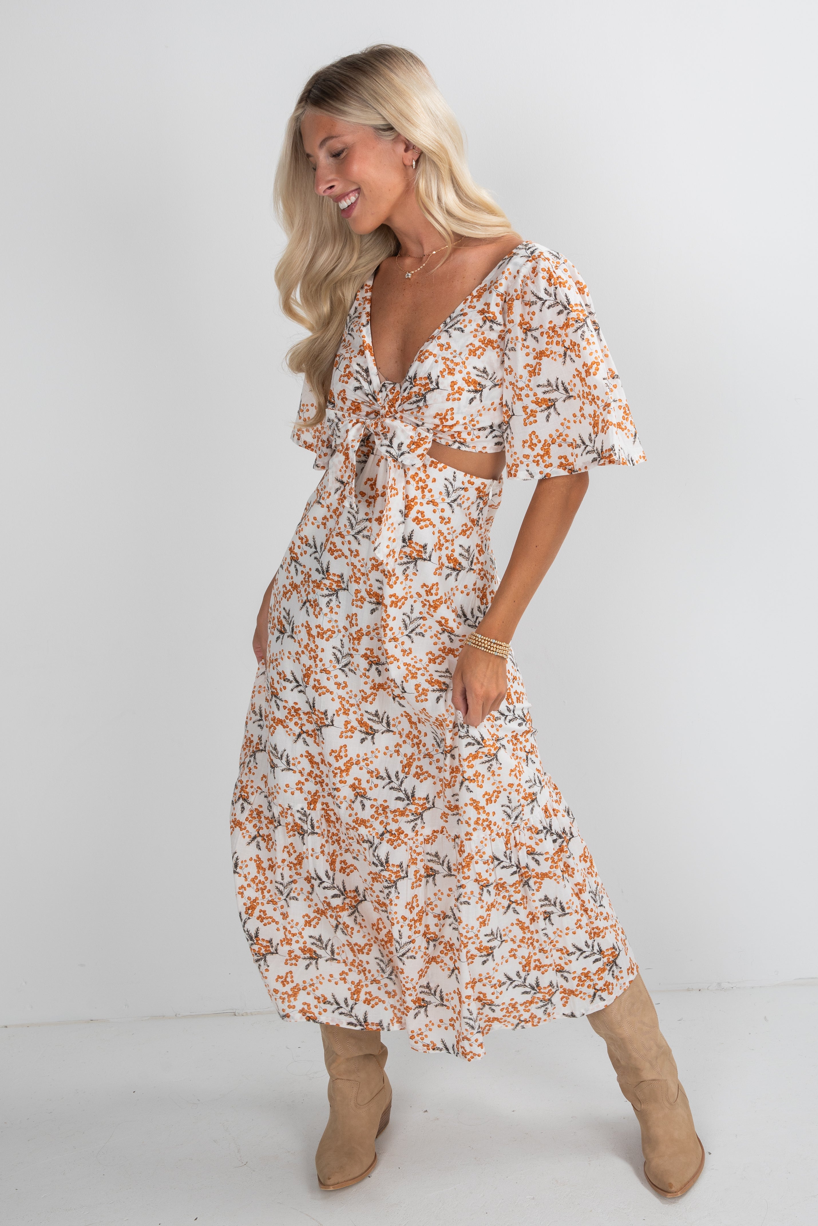 Garden Glow Ivory Floral Midi Dress