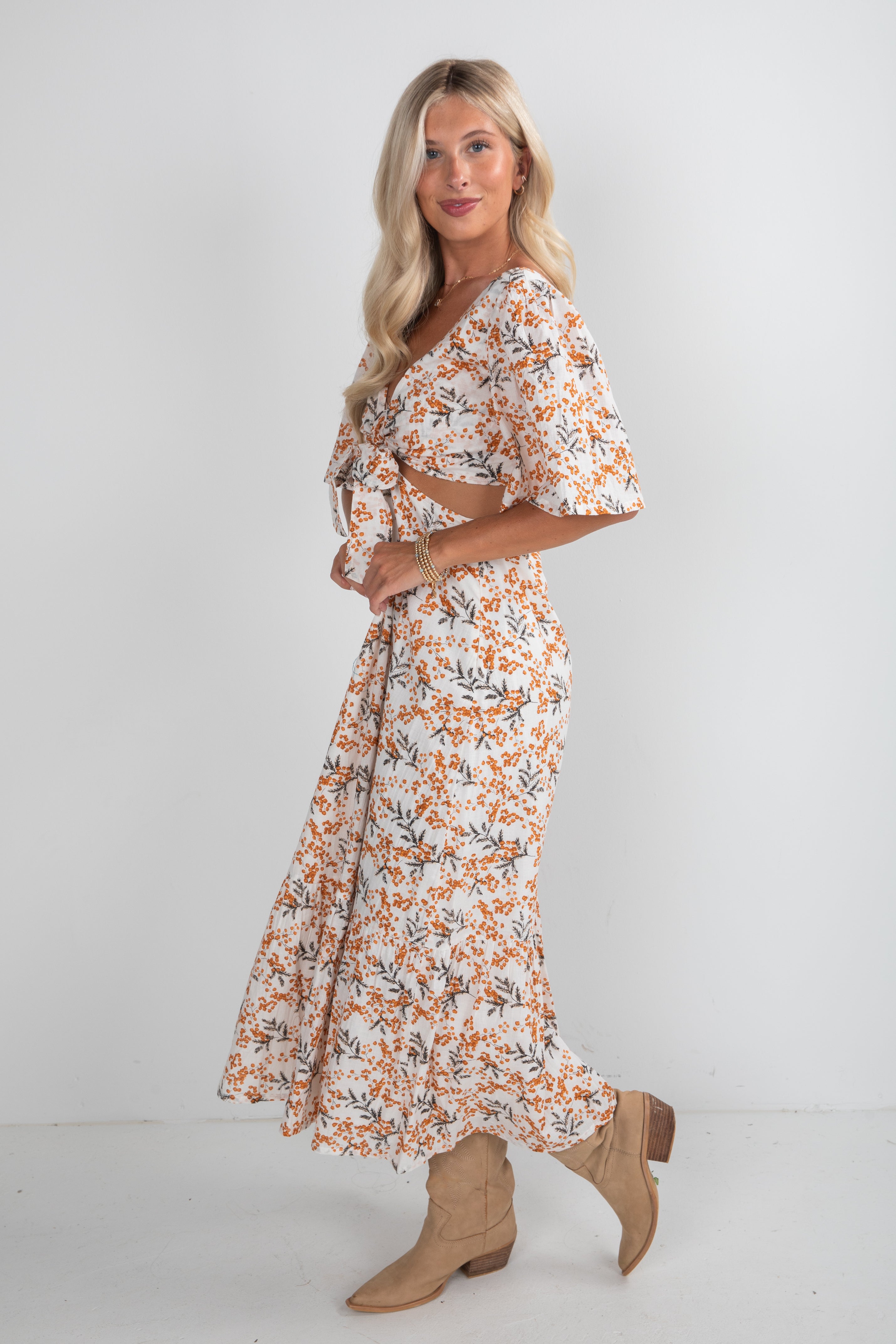 Garden Glow Ivory Floral Midi Dress
