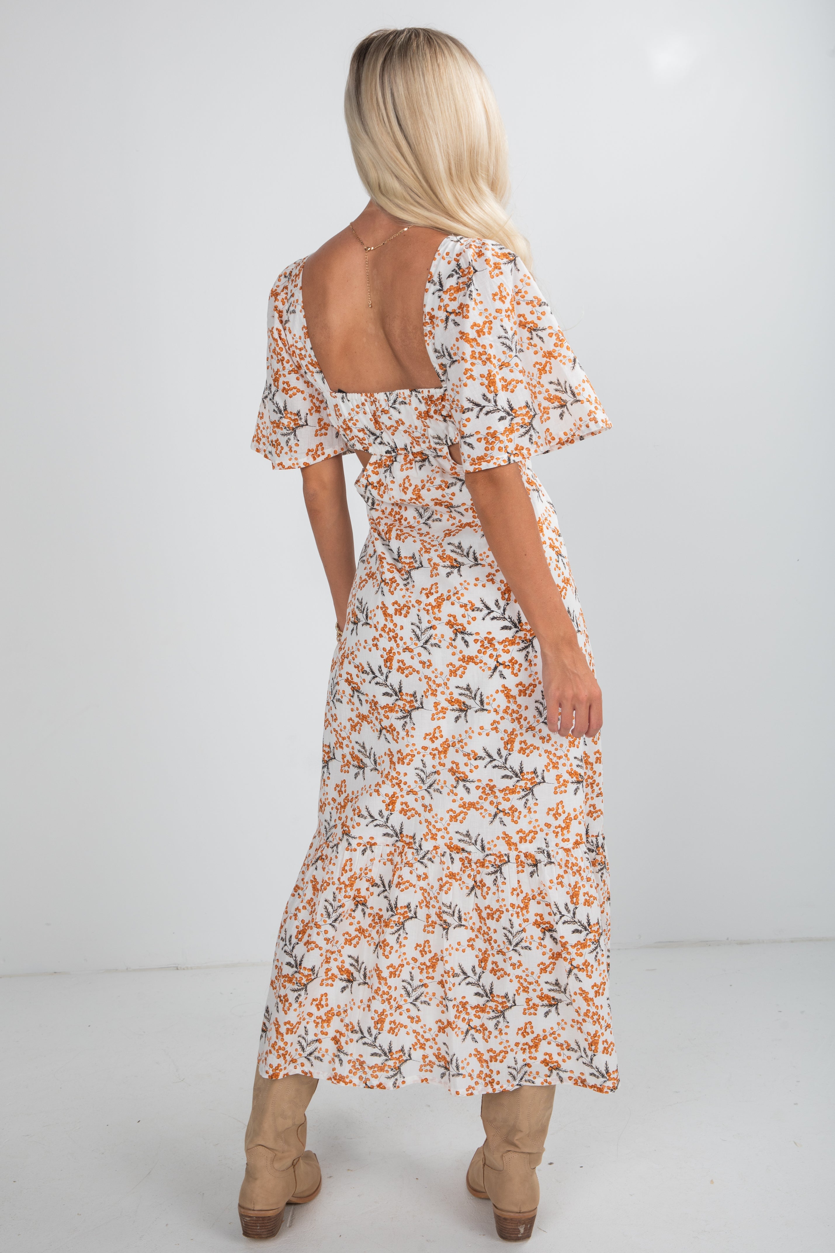 Garden Glow Ivory Floral Midi Dress
