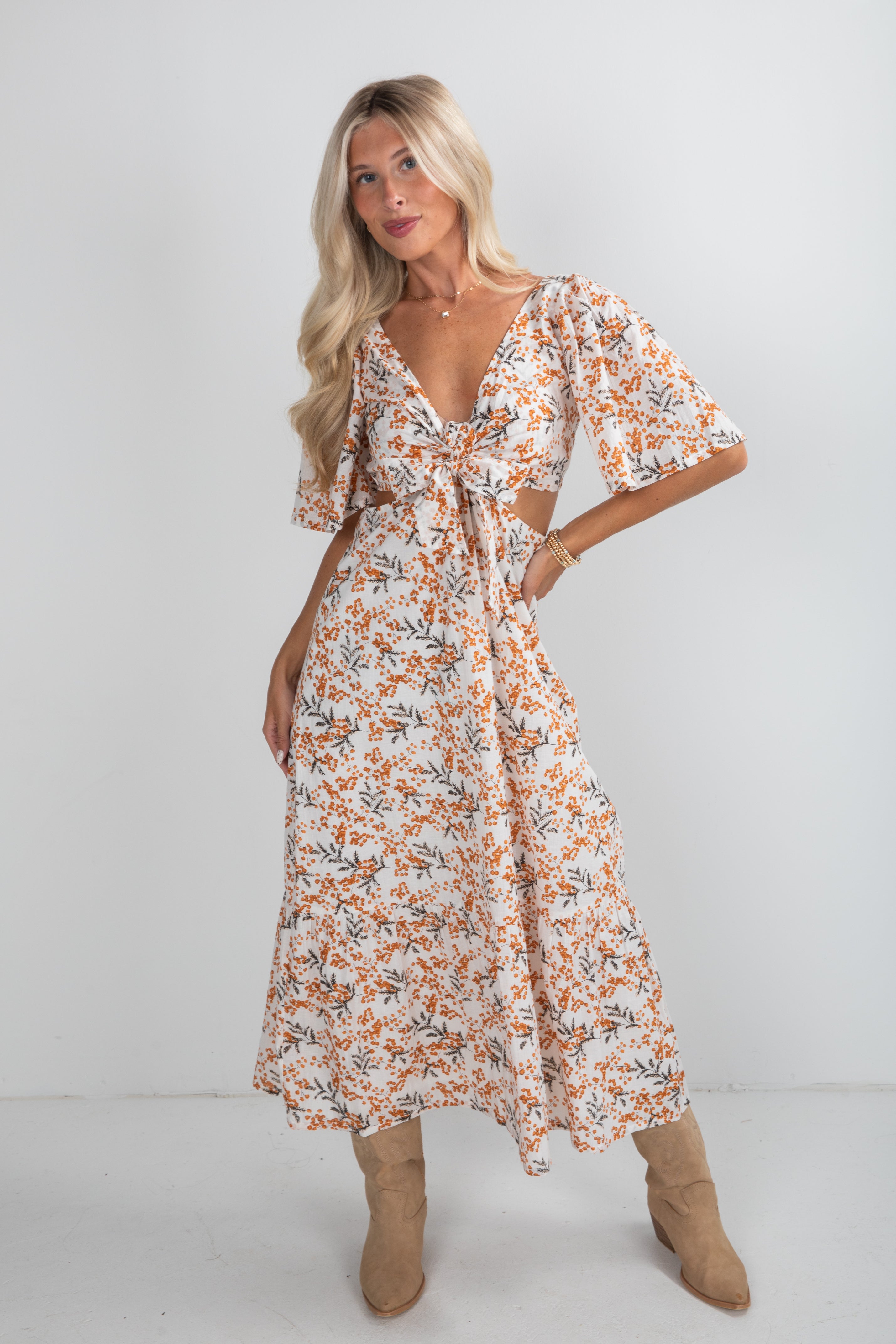 Garden Glow Ivory Floral Midi Dress