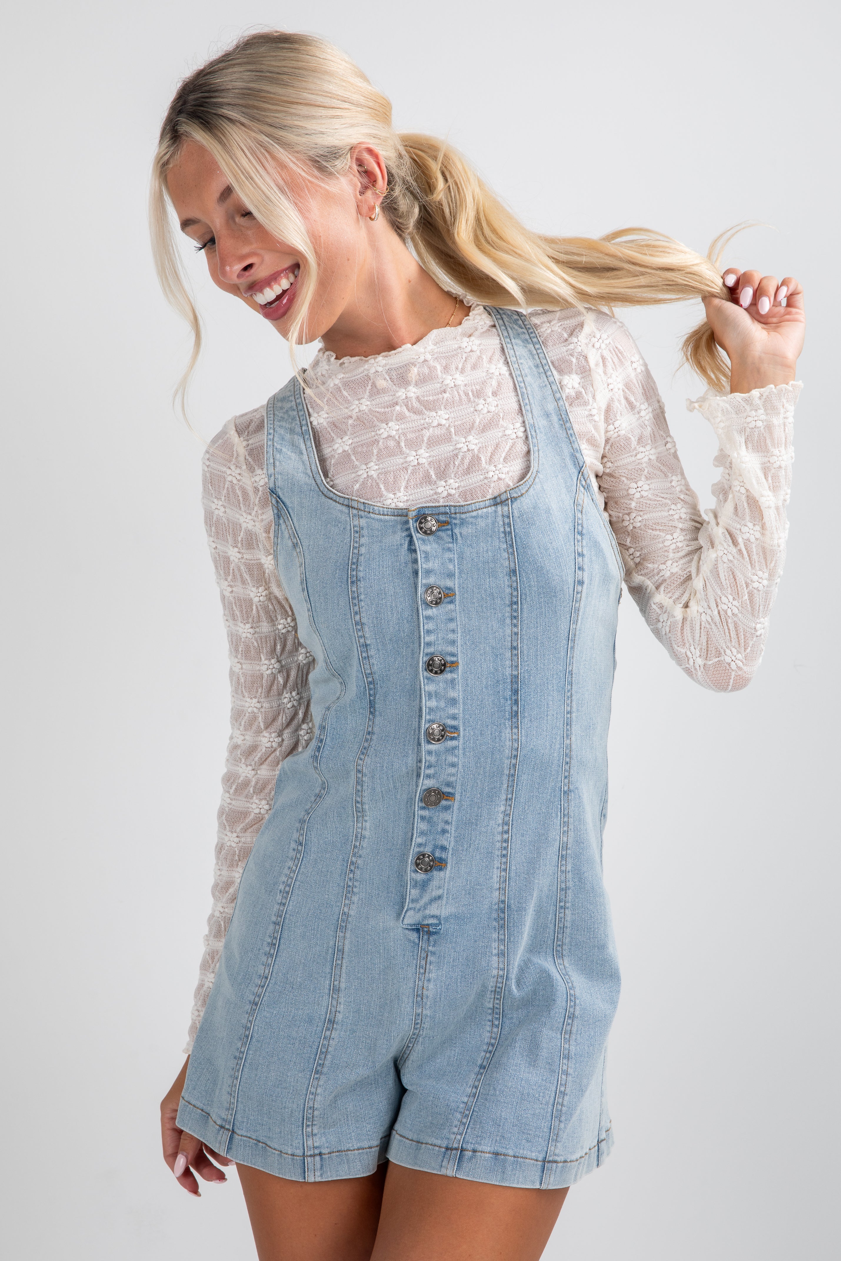 FINAL SALE - Cool Contrast Light Wash Denim Romper