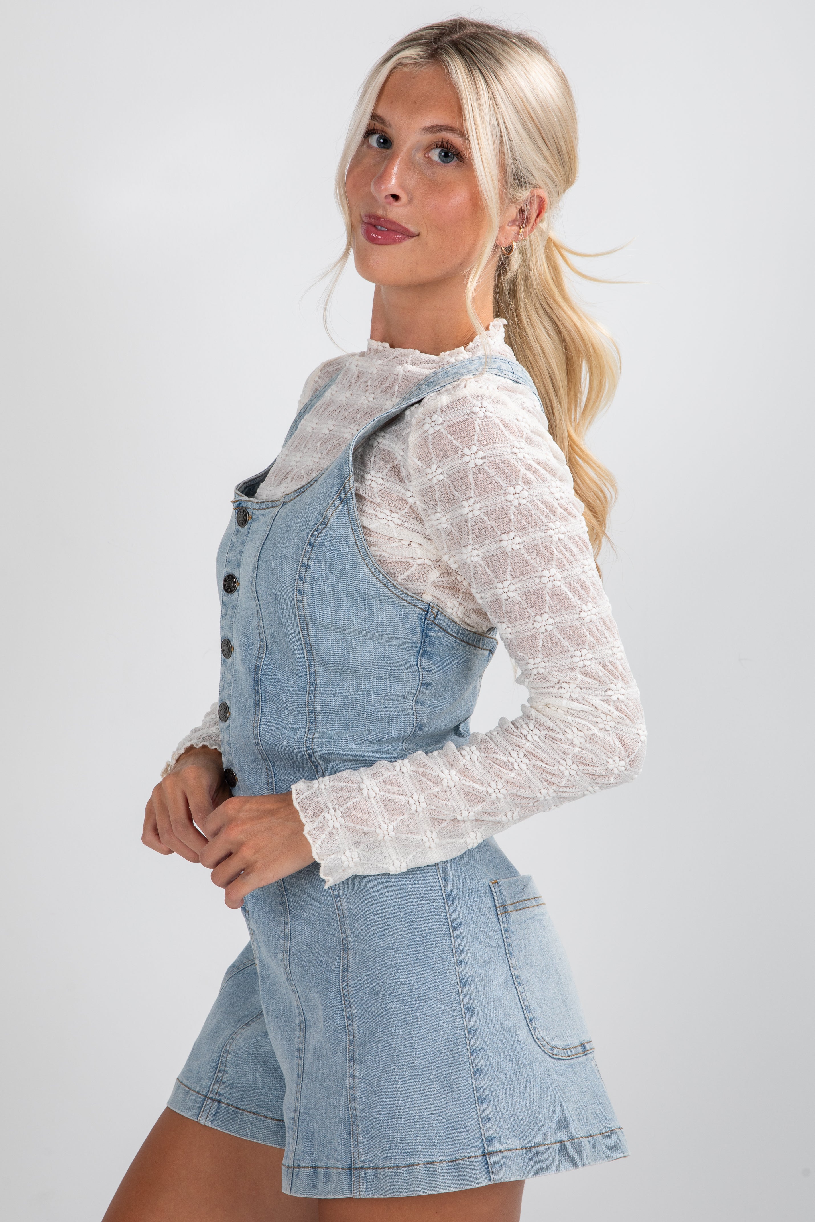 FINAL SALE - Cool Contrast Light Wash Denim Romper