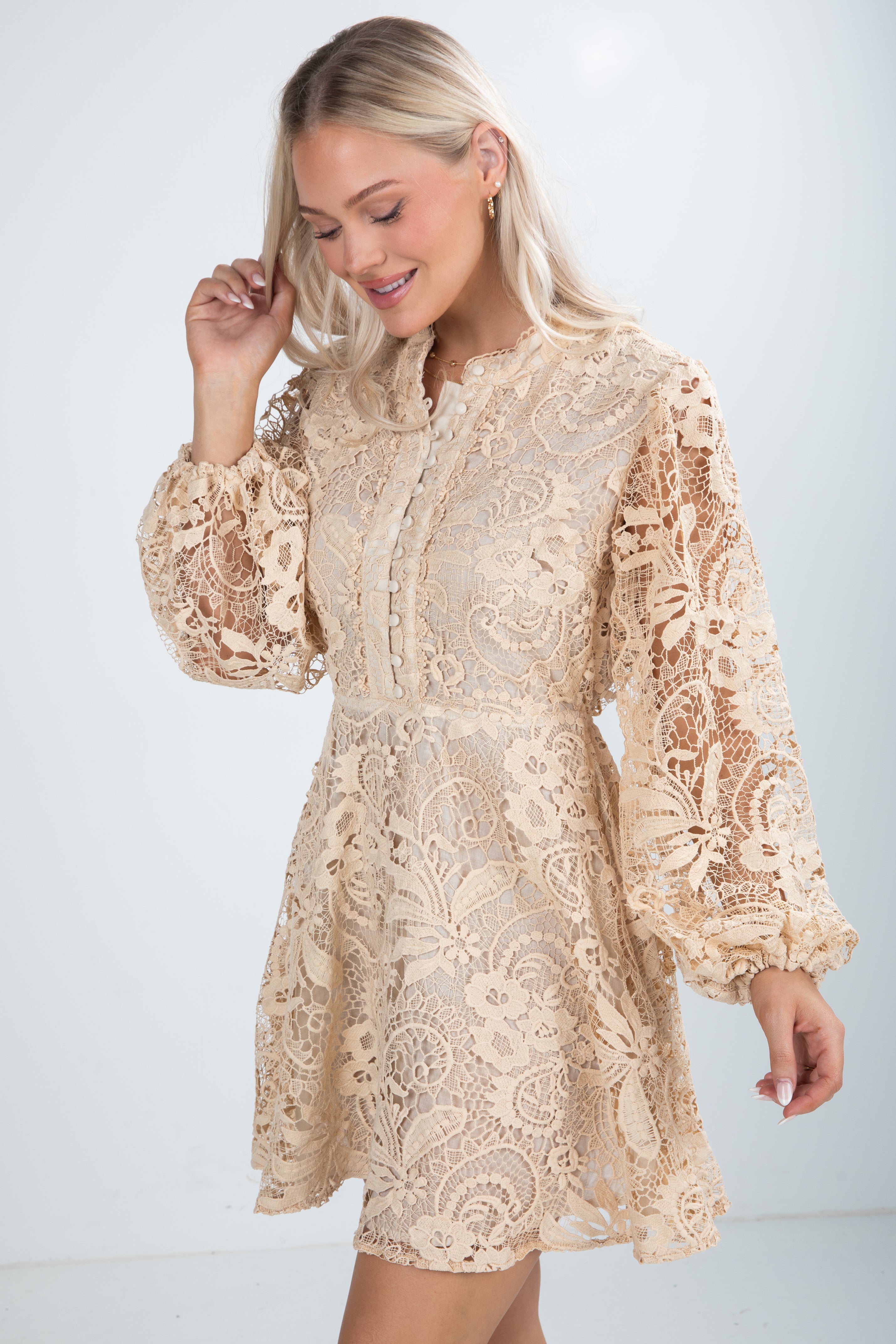 Touch Of Luxe Natural Crochet Mini Dress