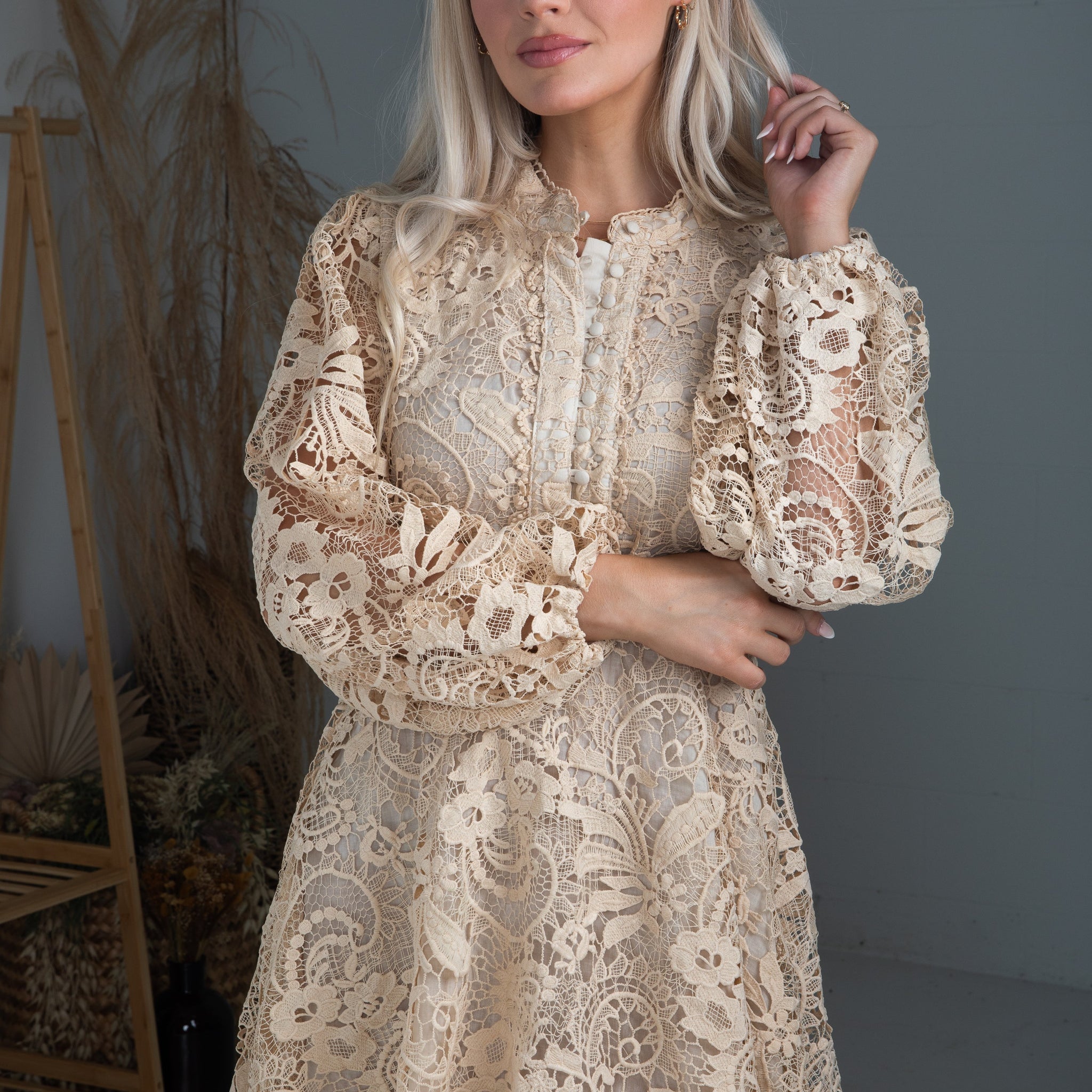 Touch Of Luxe Natural Crochet Mini Dress