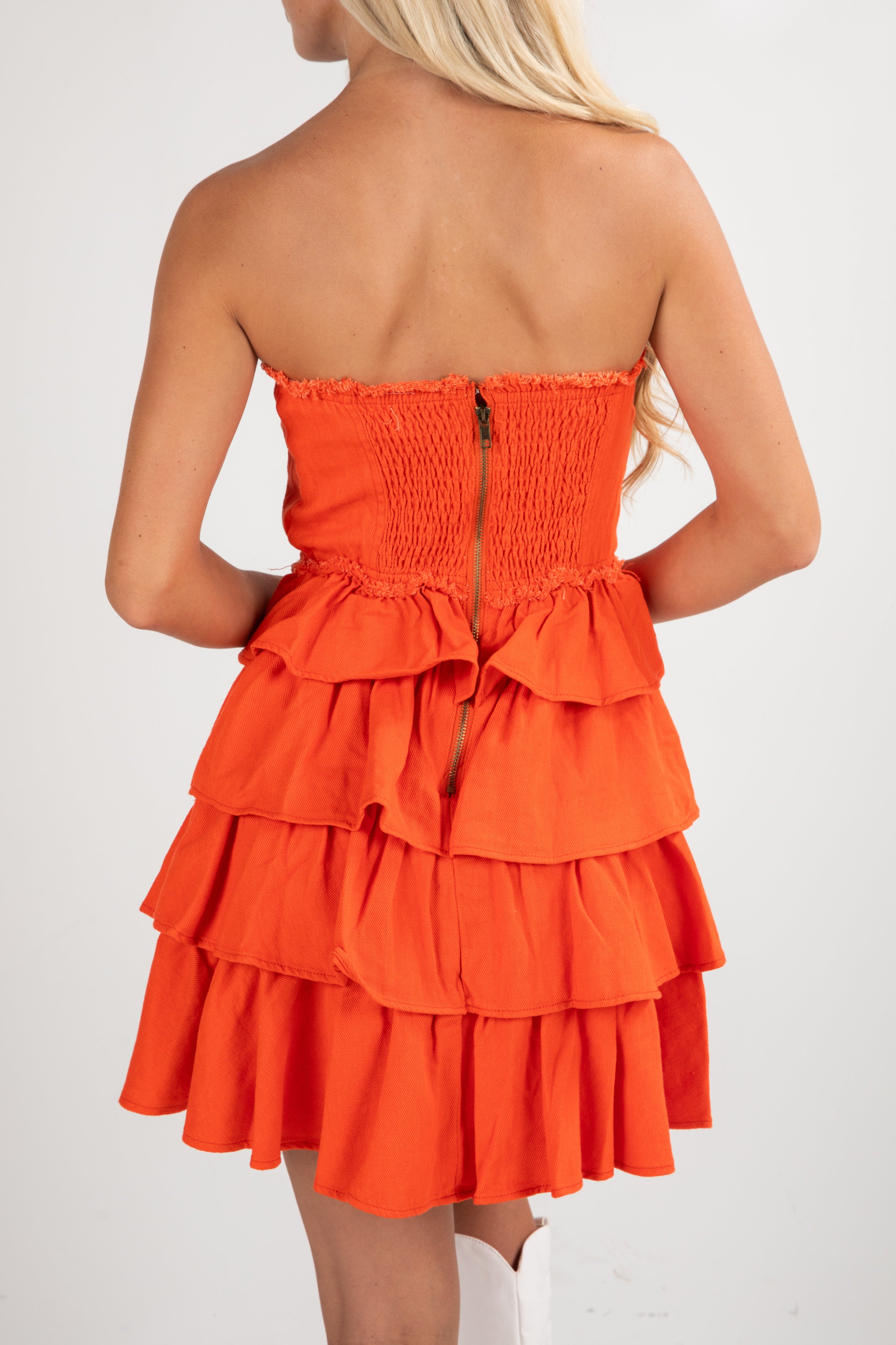 First Down Tiered Strapless Mini Dress